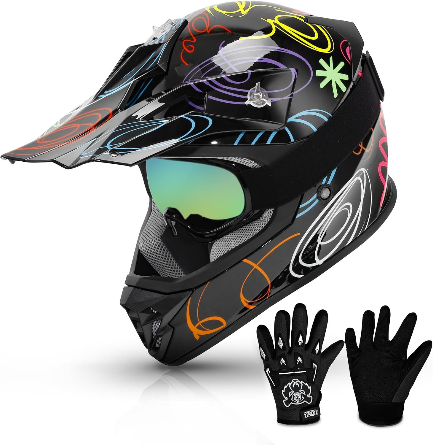 TCMT Youth Dirt Bike Helmet DOT Certified - Kids Full Face Motocross ATV Helmet with Goggles, Gloves and Helmet Bag for Off-Road, BMX, MX, Street Riding