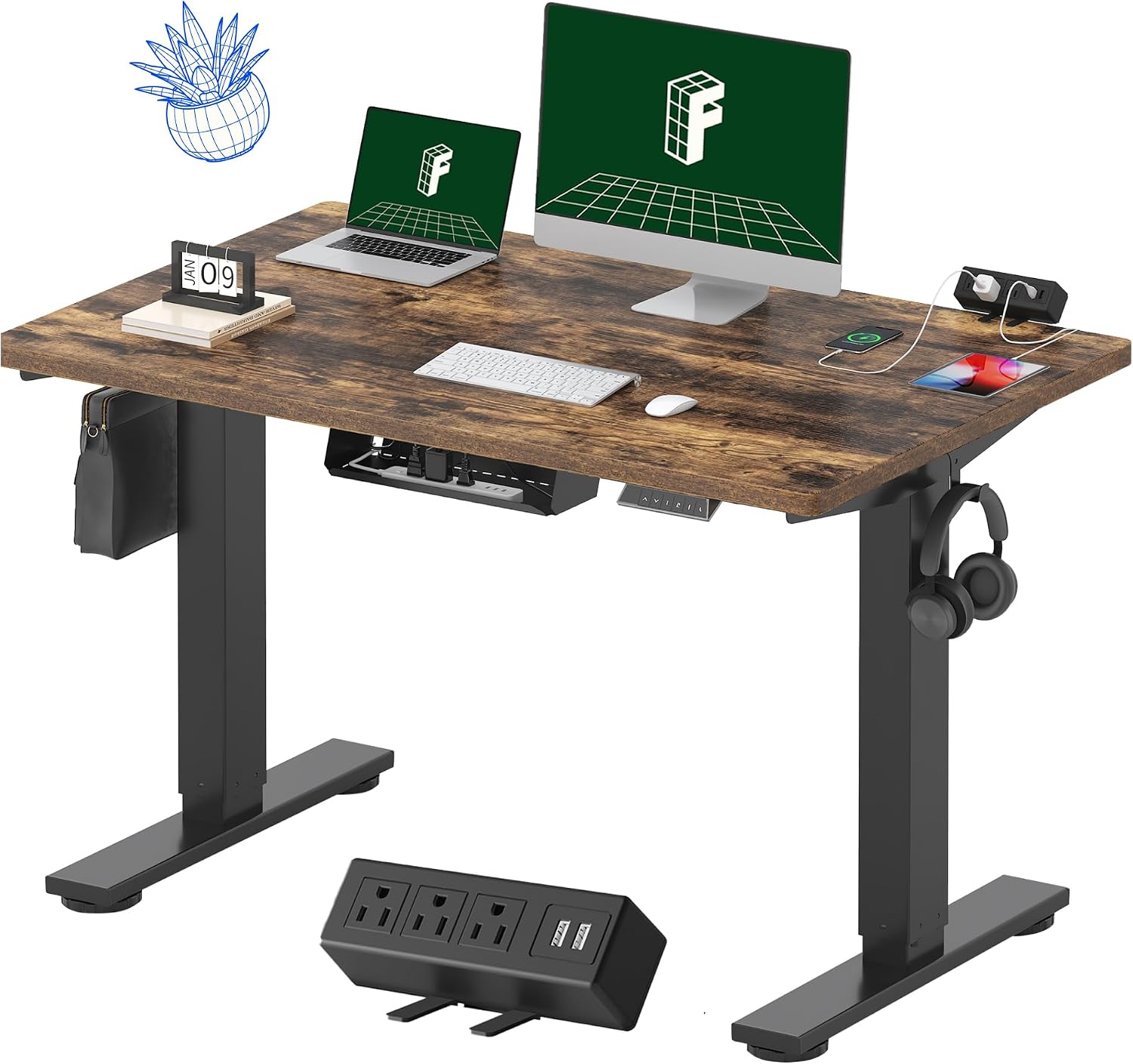 FLEXISPOT EN2 48"x24" Standing Desk with Power Strip Bundle, Black