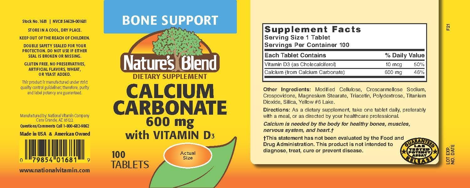 Nature's Blend Calcium Carbonate 600 mg with D3 400 IU 100 Tablets,(Pack of 1), 079854016819