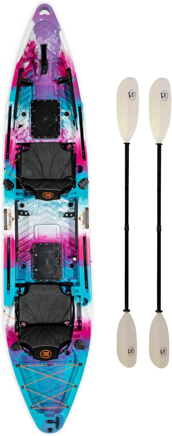 BKC Brooklyn 13.0 Pro Tandem Fishing Kayak, 2 to 3 Person | 800 lb capacity, adjustable frame seats, large dry storage, rod holders, stable wide hull, tandem or solo paddling