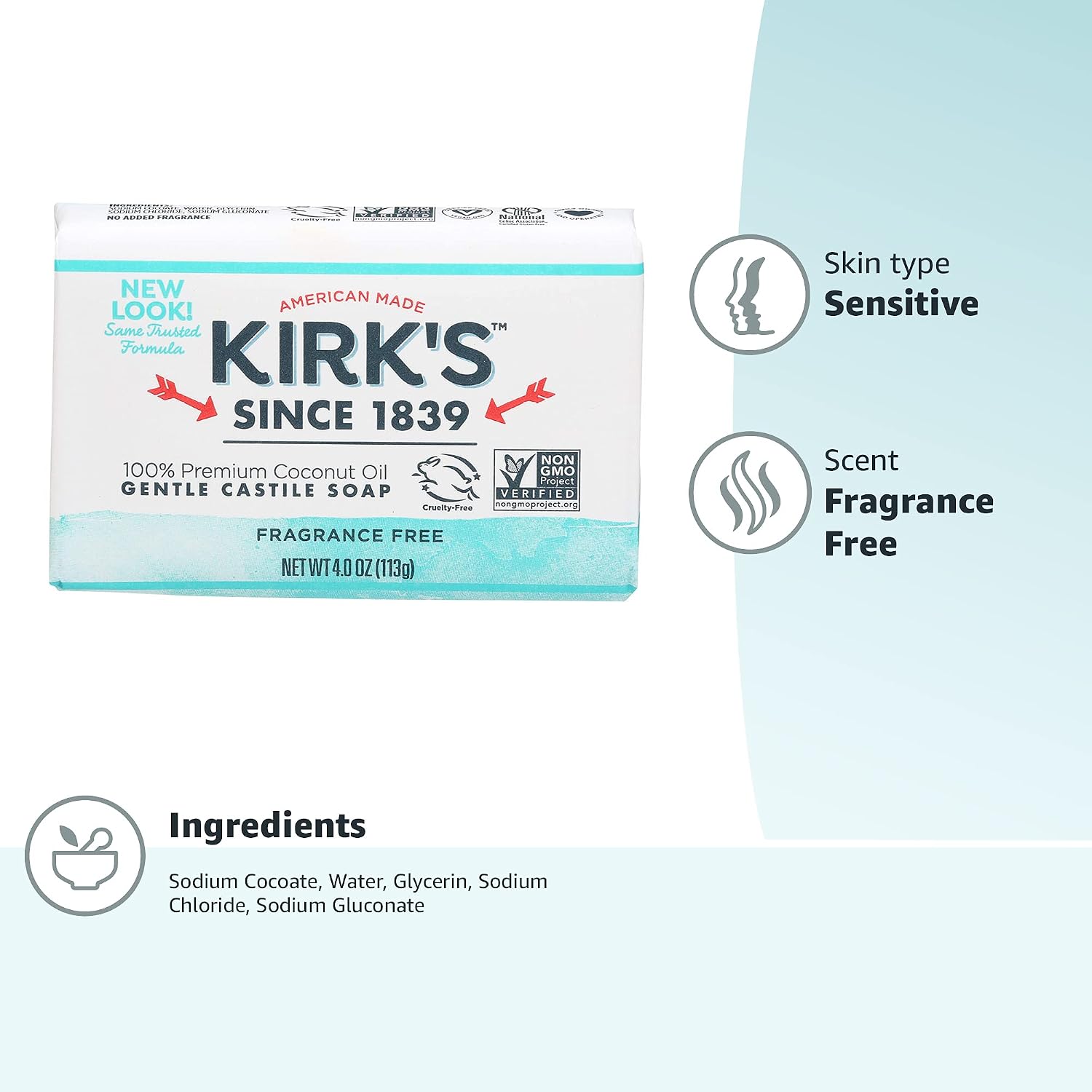 Kirk's Original Coco Castile Soap Fragrance Free 4 oz (Multi-Pack)