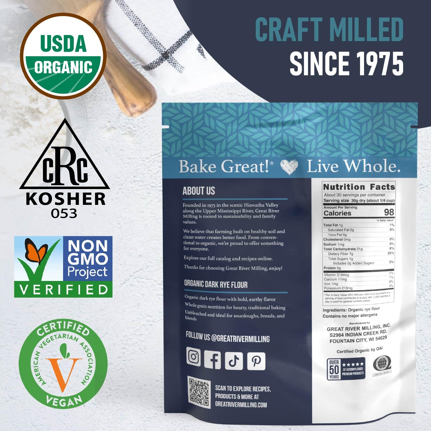 Great River Milling Organic Dark Rye Flour, Whole Grain, 25 lb