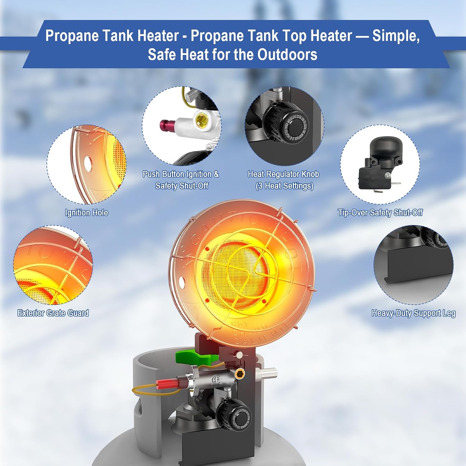 30000 BTU Propane Heater Outdoor, Propane Tank Heater Attachment Double Tank Top Radiant Gas Heater With Tip-Over Protection, 3 Heat Settings, Safety Shut-Off Valve for Patio,Camp,Fish,Garage.