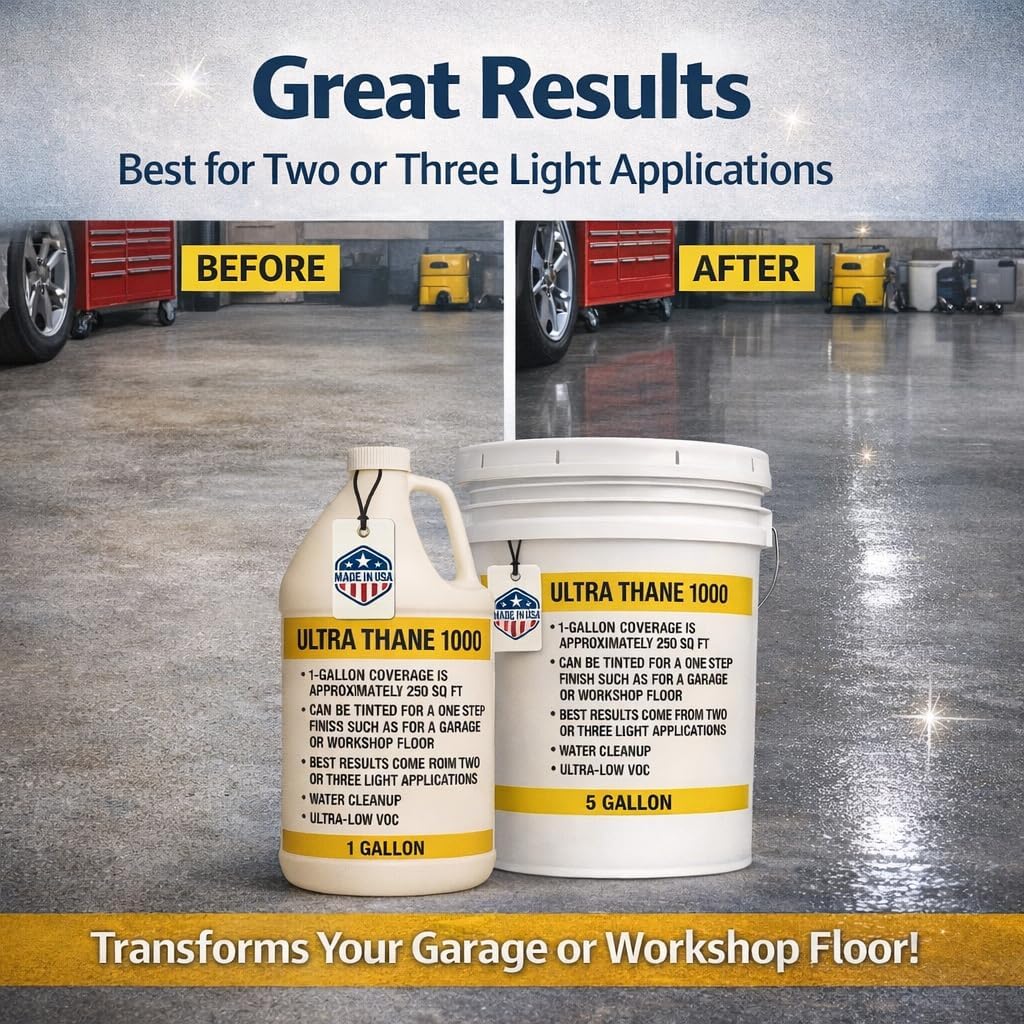 Ultra Thane 1000 Single Component Polyurethane Concrete Floor Sealer –UV & Stain-Resistant Aliphatic Urethane – Clear Protective Finish for Concrete, Overlays & Microtoppings - 5 Gallon
