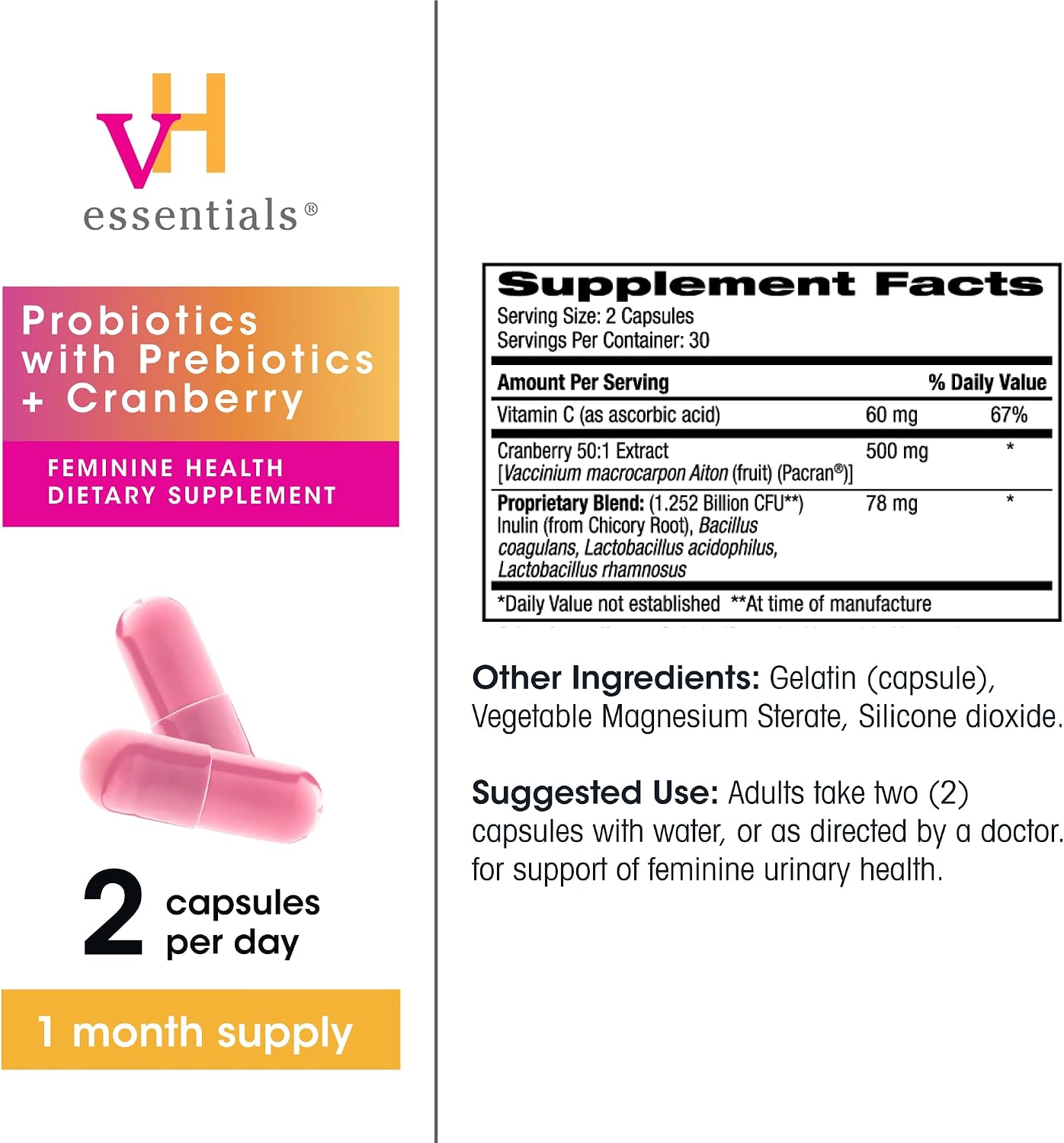 vH essentials Probiotics for Women with Prebiotics and Cranberry, 60 Ct | Feminine Health Dietary Supplement, Probiotics Support Gut Balance, Urinary Tract Health for Women, 30 Day Supply