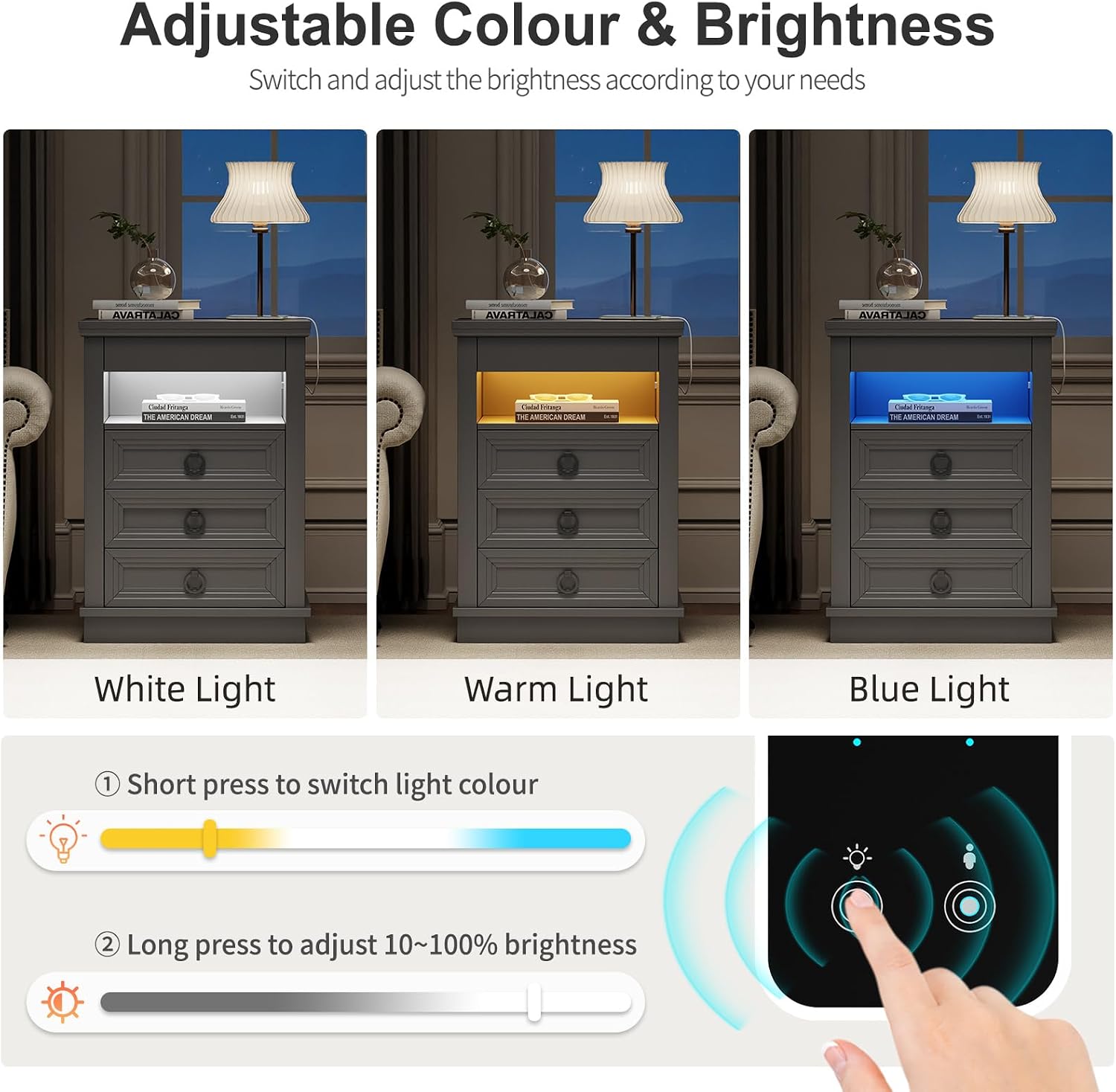 Smart LED Nightstand with Lockable Gun Drawer & Glass Top（Black） | Modern Bedside Table with Charging Station and Hidden Storage, LED Night Stand with 4 Drawers & Motion Sensor for Bedroom