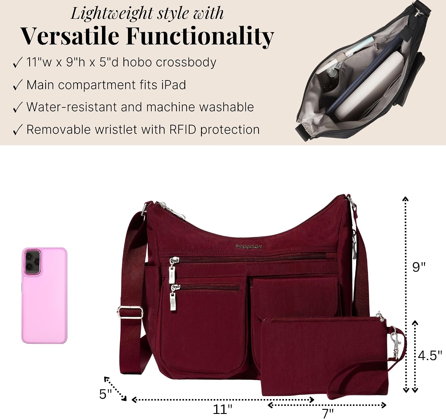 Baggallini womens Everywhere Bagg Crossbody Women 11x9 Lightweight Nylon Hobo Water-resistant Travel Bag W/Rfid