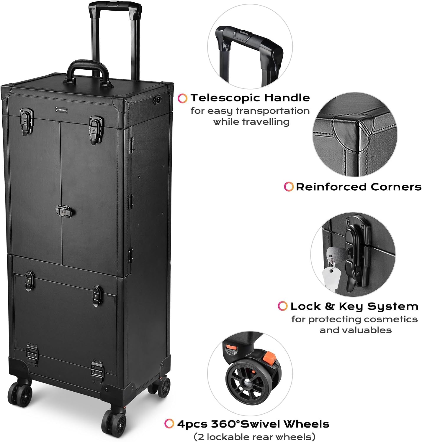 BYOOTIQUE Rolling Makeup Case with Lighted Mirror Hairstylist Station | Salonwith 2 Drawer,4 Trays,Hair Dry Holder,Professional Hairdressing Case,Beauty Salon Cart,Portable Vanity,Mobile