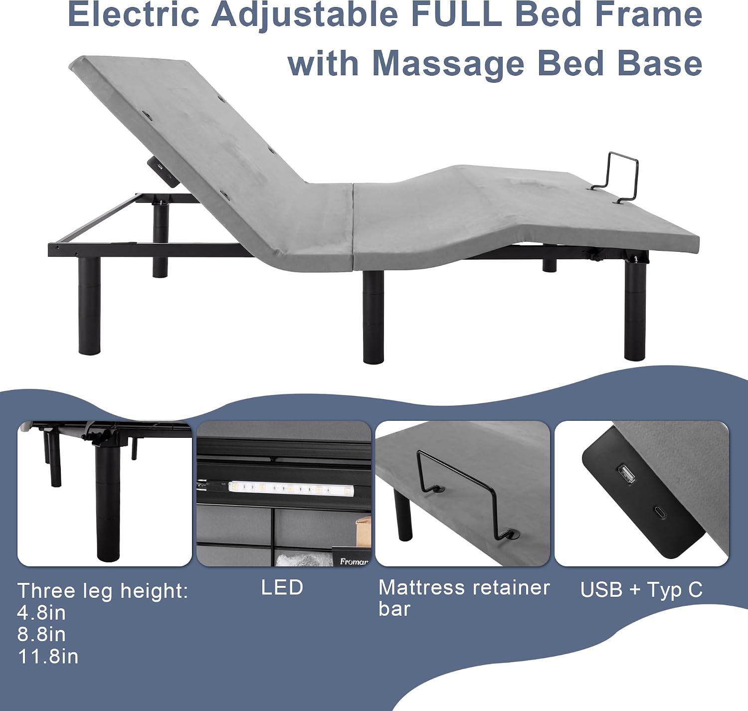 Fromann Adjustable Electric Twin XL Bed Base Frame with Massage, USB Type-C Ports, Zero Gravity, Under Bed Led Lighting and Three Leg Height (Black)