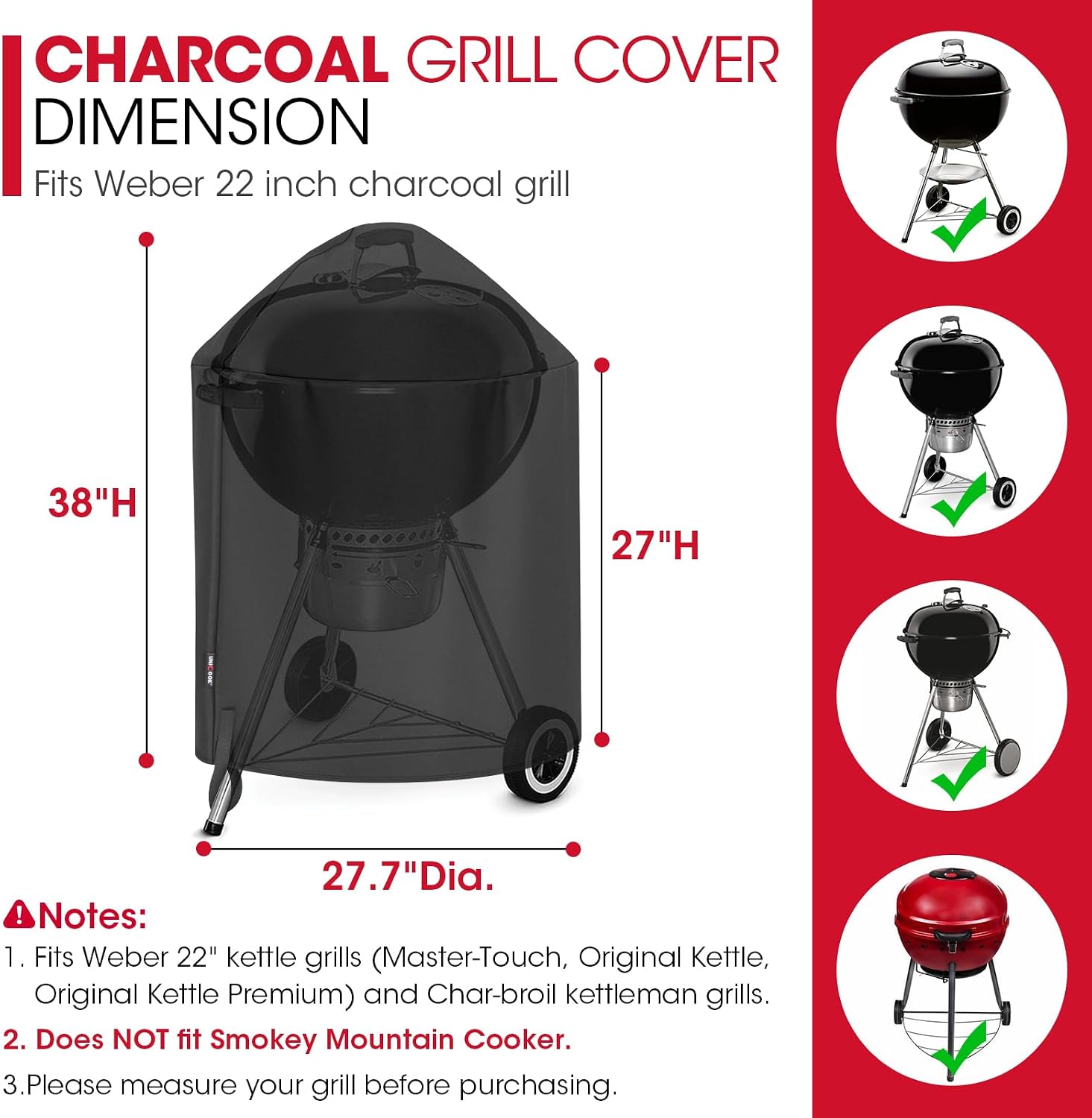 Unicook Round Smoker Cover 30 Inch, Heavy Duty Waterproof Charcoal Kettle BBQ Grill Cover, Fade Resistant Barrel Protector, Fits Weber Char-Griller Akorn Kamado and More, 30" Dia x 36" H