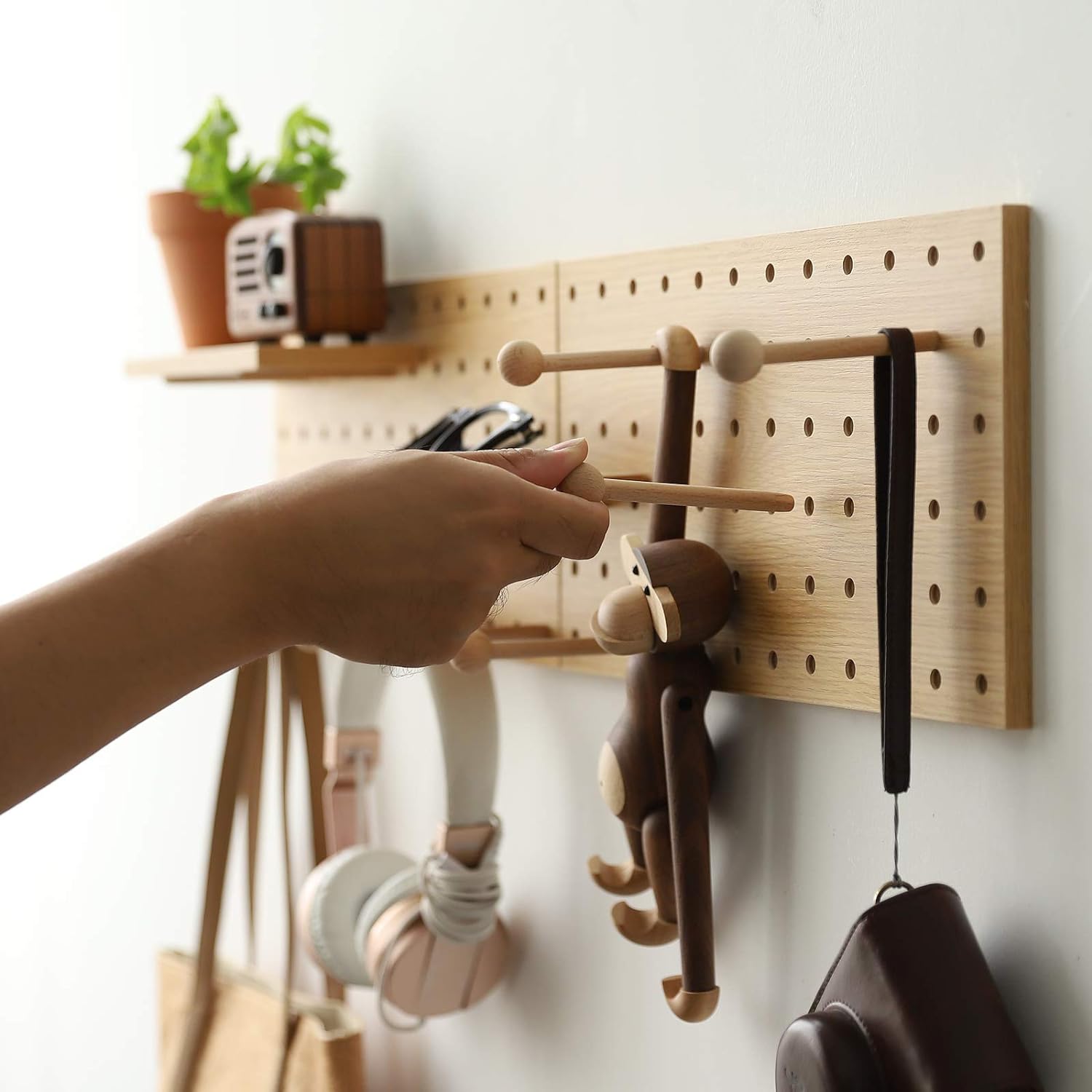 Wooden Pegboard Modular Display Organization Storage Wall Hooks Shelf(Color:Oak)