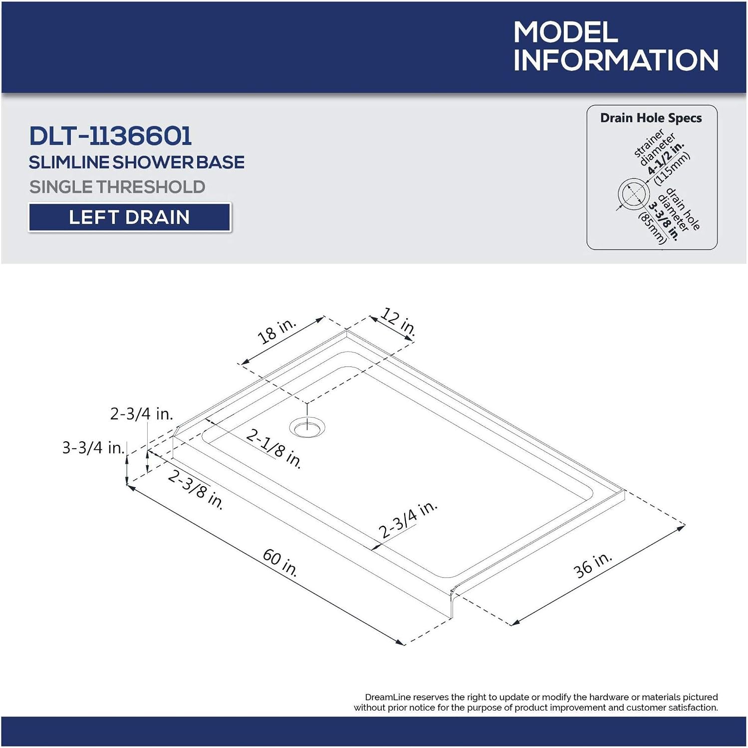 DreamLine 36 in. D x 60 in. W x 76 3/4 in. H Left Drain Acrylic Shower Base and QWALL-5 Backwall Kit In White, DL-6192L-01