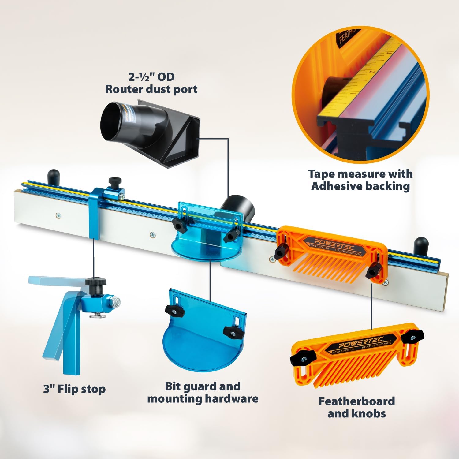 POWERTEC Router Table Fence System 3-1/2" Tall 32" Long, Router Fence Kit with Adjustment Knob, Aluminum Flip Stop, Measuring Tape, Feather Board