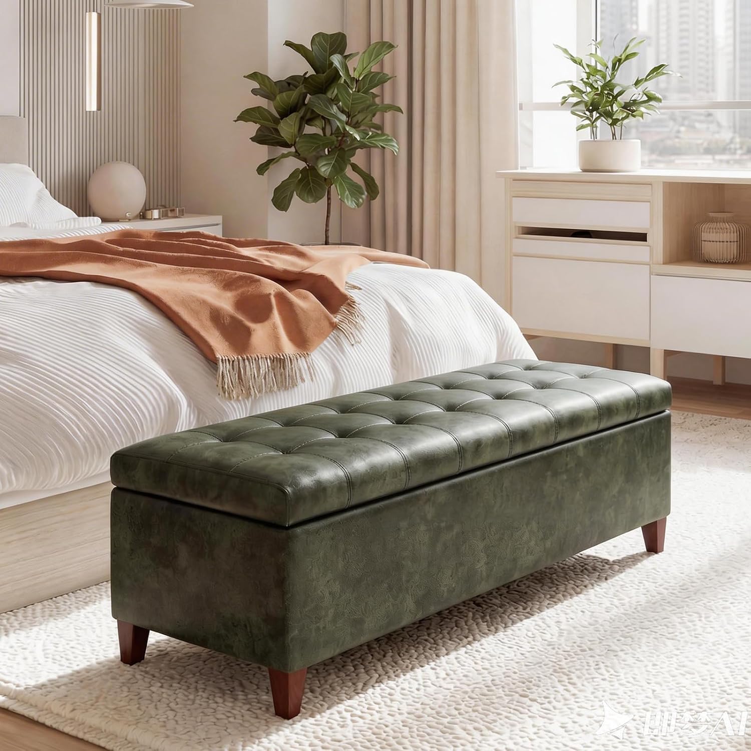 51 Inch Storage Bench,Leather Tufted Storage Ottoman with Legs | Safety Hinges,Wooden Legs,Upholstered,End of Bed,Bedroom,Living Room,Entryway,330LBS,Brown