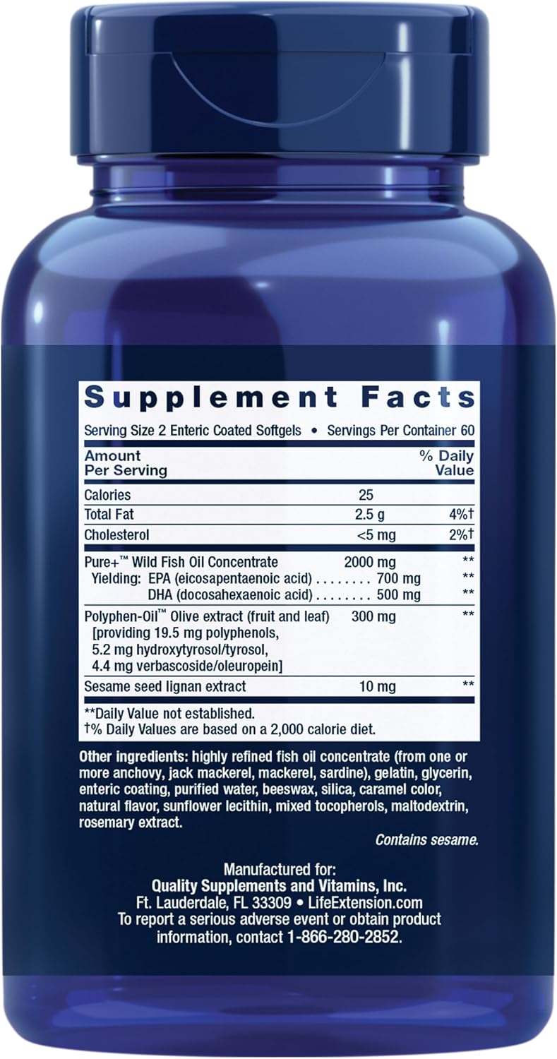 Life Extension Super Omega-3 EPA/DHA Fish Oil, Sesame Lignans & Olive Extract – Heart Health, Brain Health, Inflammation Health Support, Gluten-Free, Easy to Swallow, Non-GMO, 240 Softgels