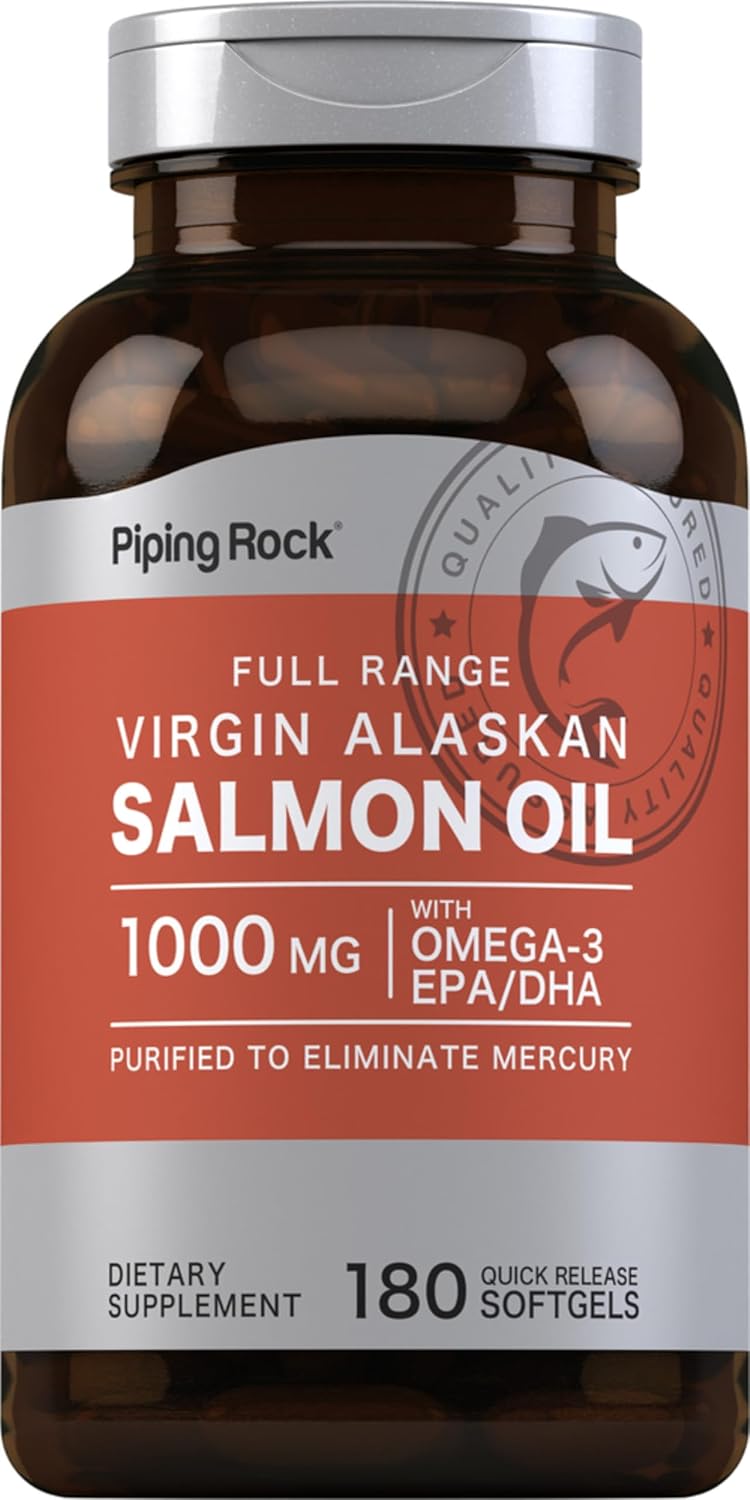 Piping Rock Wild Alaskan Salmon Oil for Humans | 1000mg | 180 Softgel Capsules | Omega 3 Supplement with EPA and DHA | Non-GMO and Gluten Free
