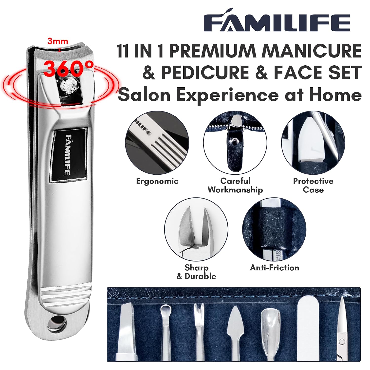 FAMILIFE Stainless Steel Manicure Set 11-in-1 Professional Nail Clipper Kit
