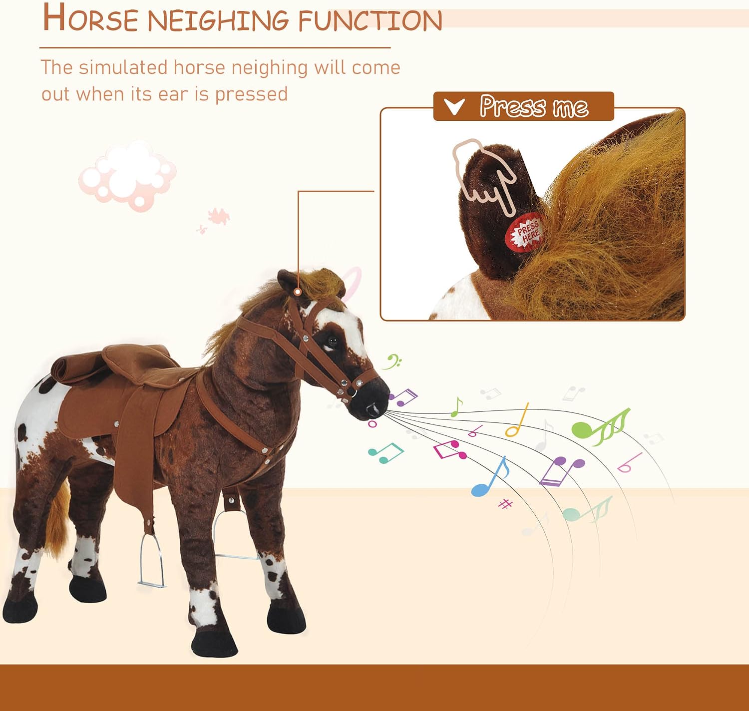 Qaba Sound-Making Ride On Horse for Toddlers 3-5 with Padding Brown | Neighing and Galloping Sound, Stuffed Animal Horse Toy for Kids, Soft Feel