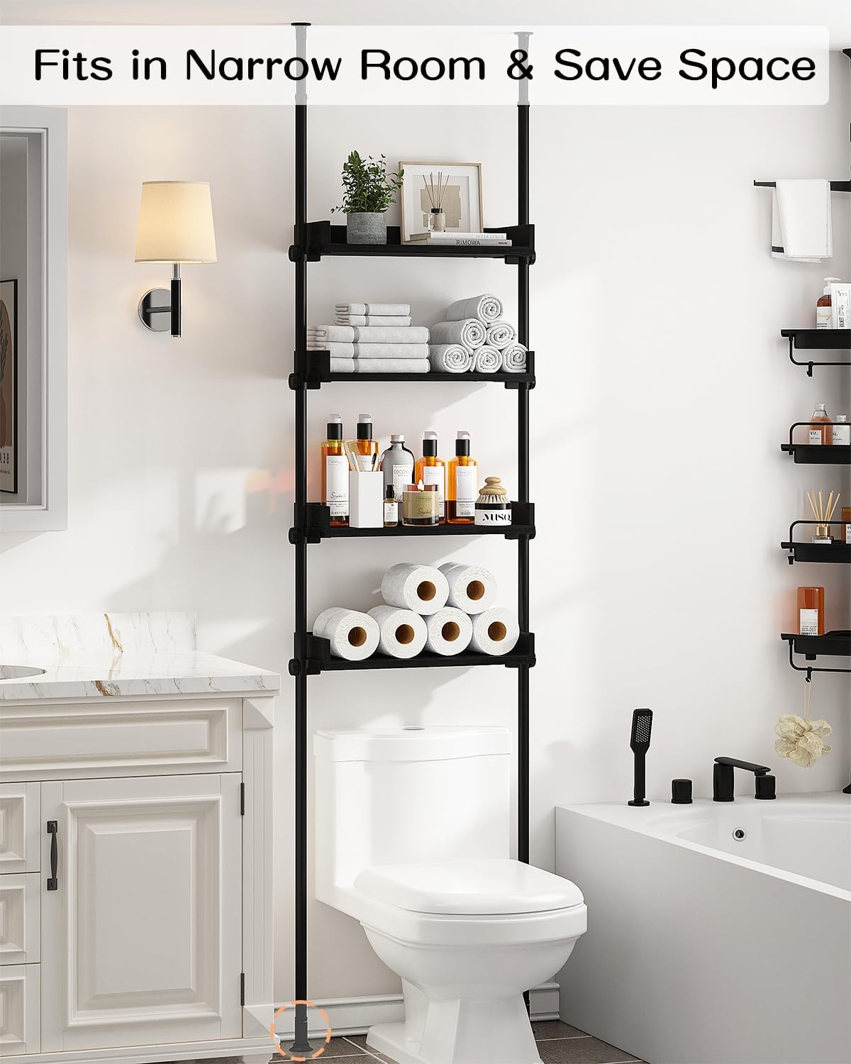 ALLZONE Bathroom Organizer, Over The Toilet Storage, 4-Tier Adjustable Wood Shelves for Small Rooms, Saver Space Rack, 92 to 116 Inch Tall