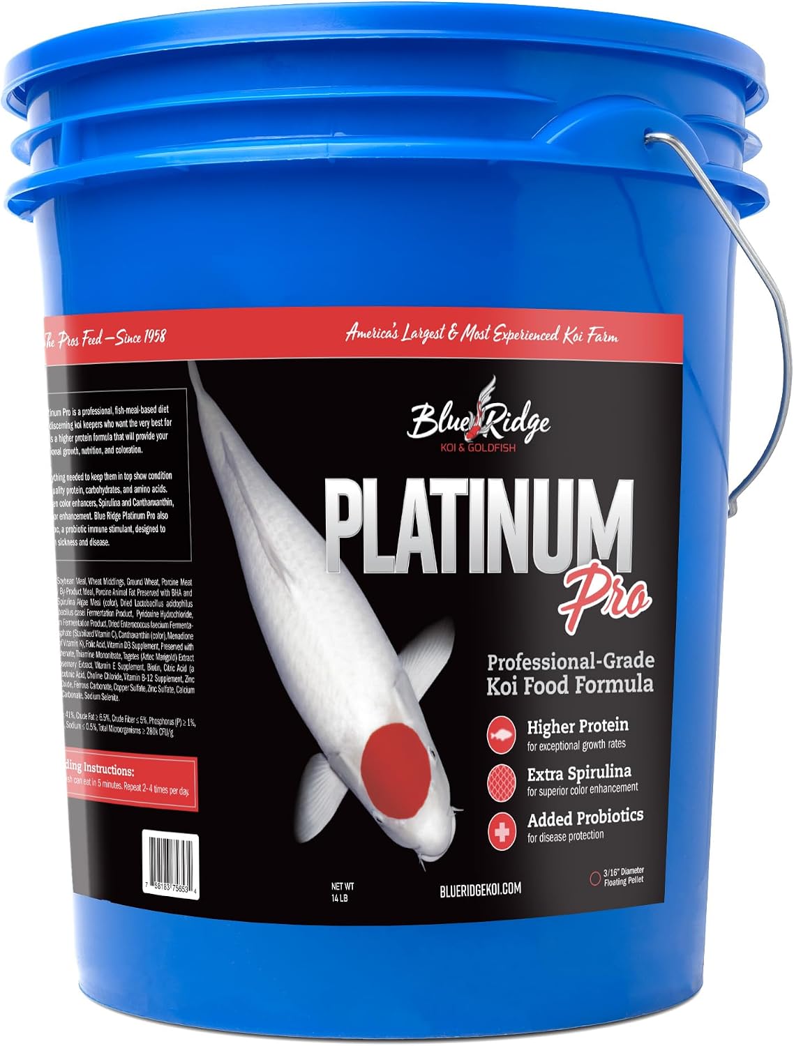 Blue Ridge Koi Platinum Pro 41% Protein Fish Food, 3/16" Pellets, 4.5 lb | Floats, softens fast; Spirulina & Canthaxanthin color support; probiotic-enriched; warm-season formula