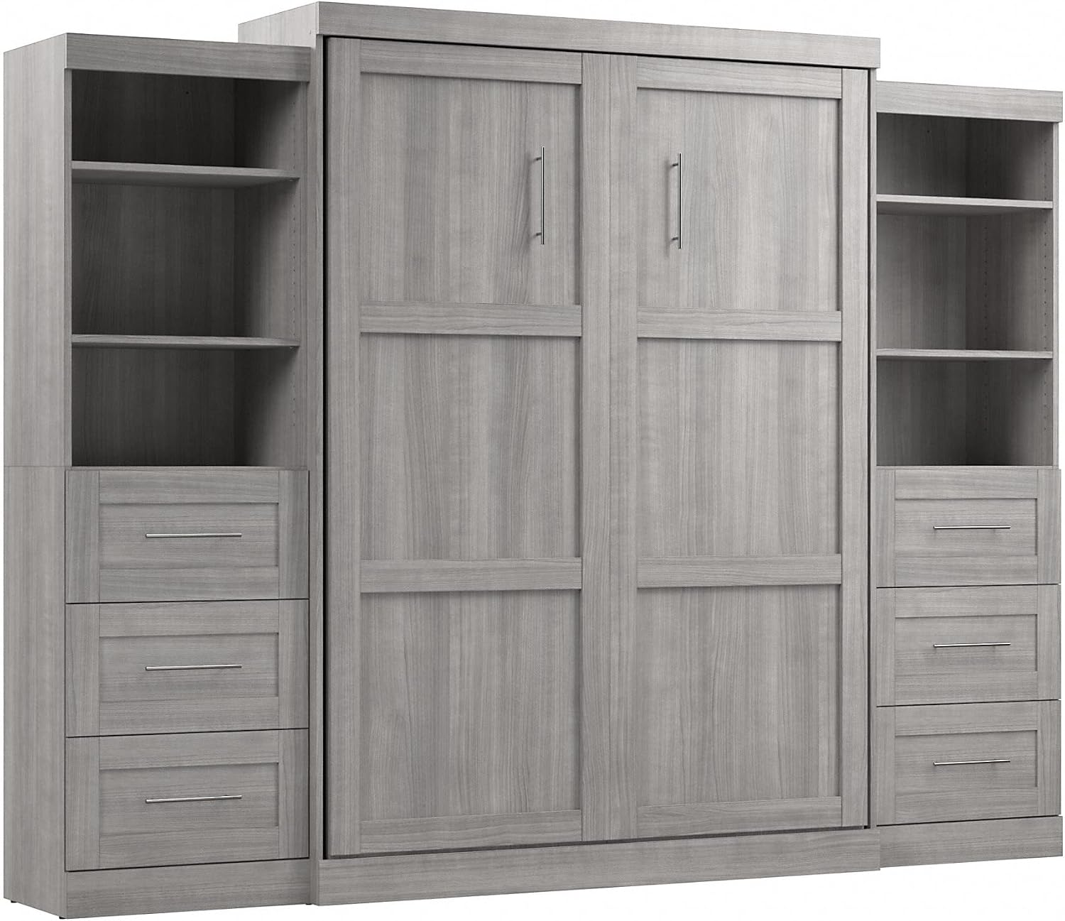 Bestar Pur Full Murphy Bed and 2 Shelving Units with Drawers, 109-inch Space-Saving Sleeping Arrangement in White | 2 Shelving Units with Drawers; supports up to 1000 lb; min. ceiling height 86.4 in.; dual piston mechanism; 10-year warranty