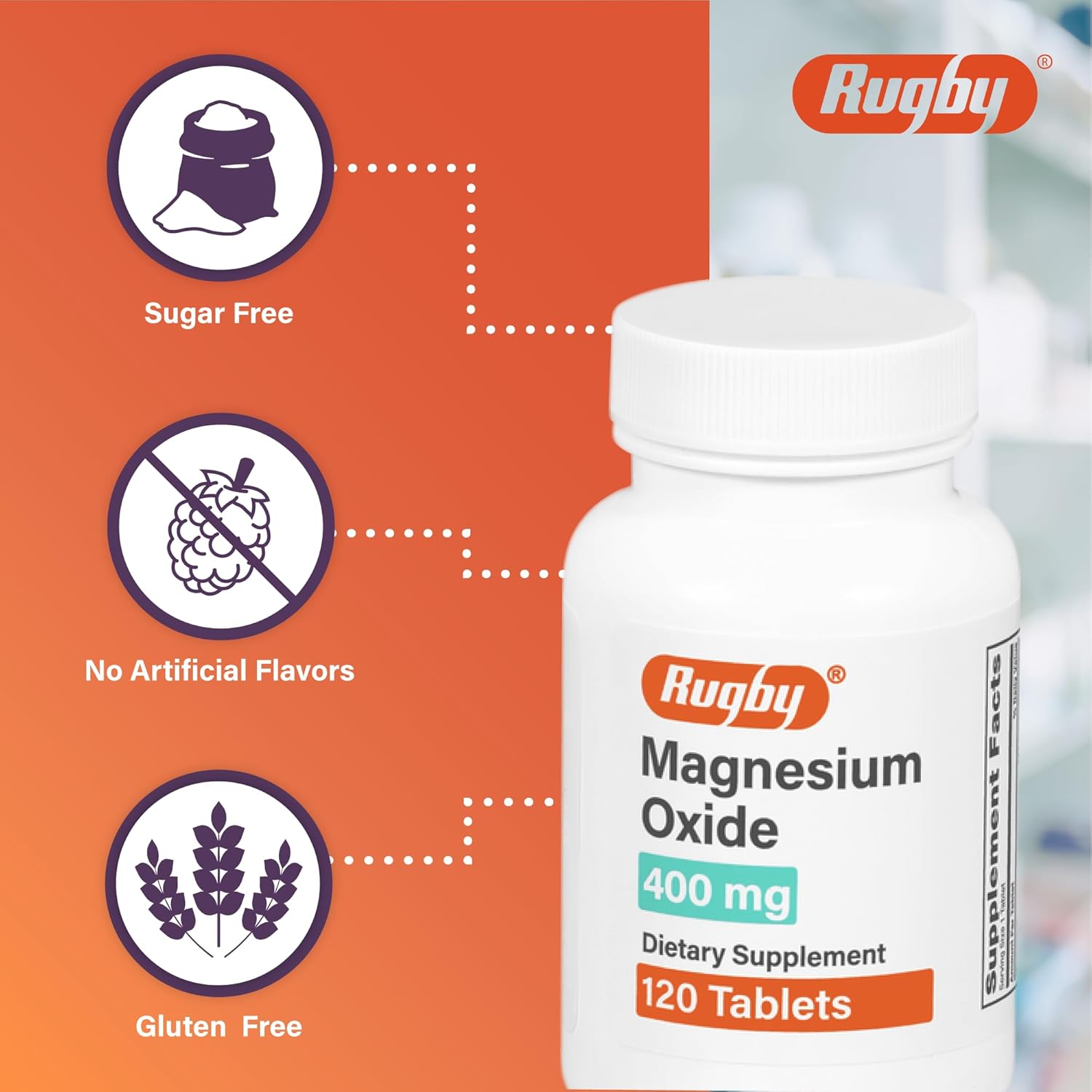 Rugby Magnesium Oxide 400 mg Tablets - Dietary Supplement - Gluten-Free - 120 Count (1 Pack)