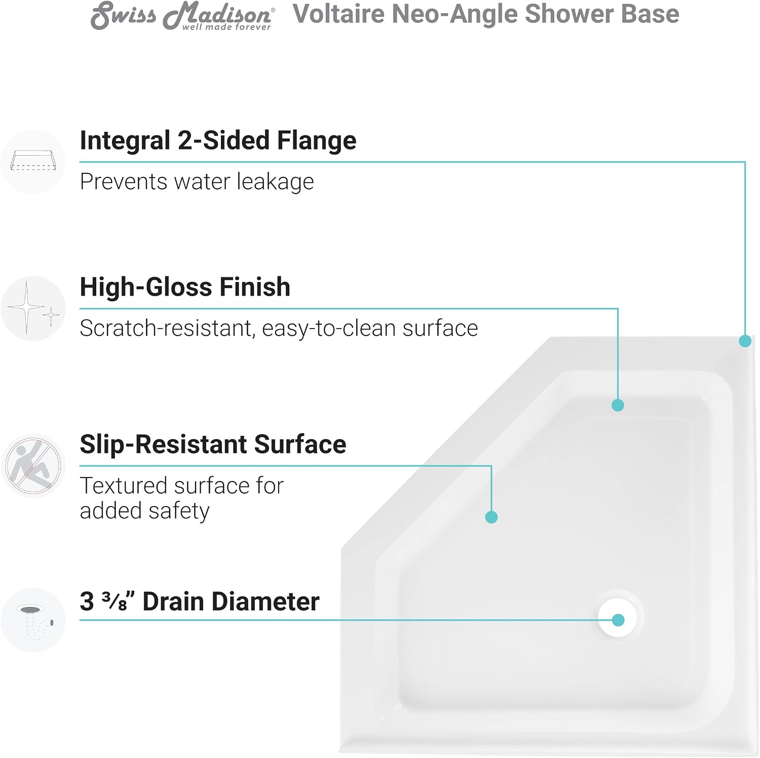 Voltaire 32" x 32" Acrylic White, Single-Threshold, Center Drain, Neo-angle Shower Base
