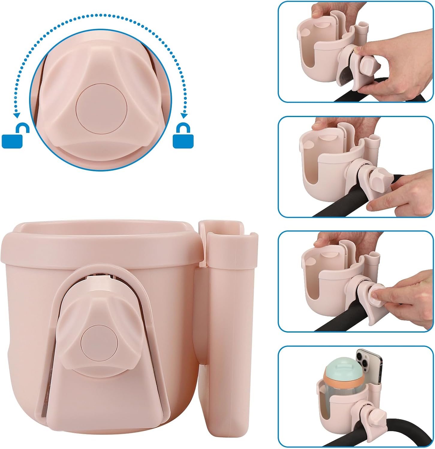 Accmor Stroller Cup Holder with Phone Holder, Bike Cup Holder, Universal Cup Holder for Uppababy Nuna Strollers, 2-in-1 Drinks Holder for Walker