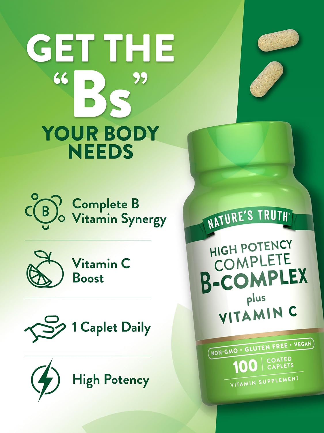 Nature's Truth Vitamin B Complex Plus Vitamin C | 100 Caplets | Vegan, Non-GMO & Gluten Free Supplement | Vegan, Non-GMO & Gluten Free Supplement