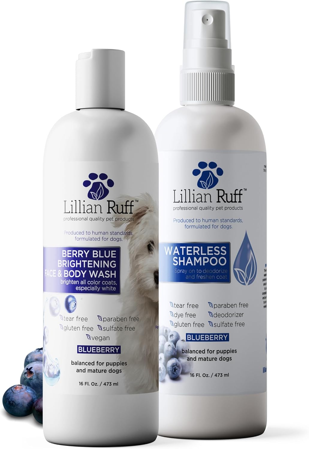 Lillian Ruff PRO Formula Berry Blue Brightening Pet Shampoo - Ultra-Hydrating Professional Whitening Dog Shampoo, Vivid Show-Quality Coat Enhancer, Tear Stain & Odor Eliminator With ProVitamin B5 16oz