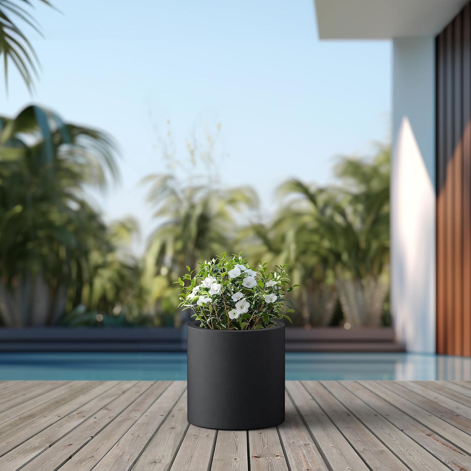 Kante Large Round Cylinder Charcoal Concrete Planter 15.8" Tall, Outdoor