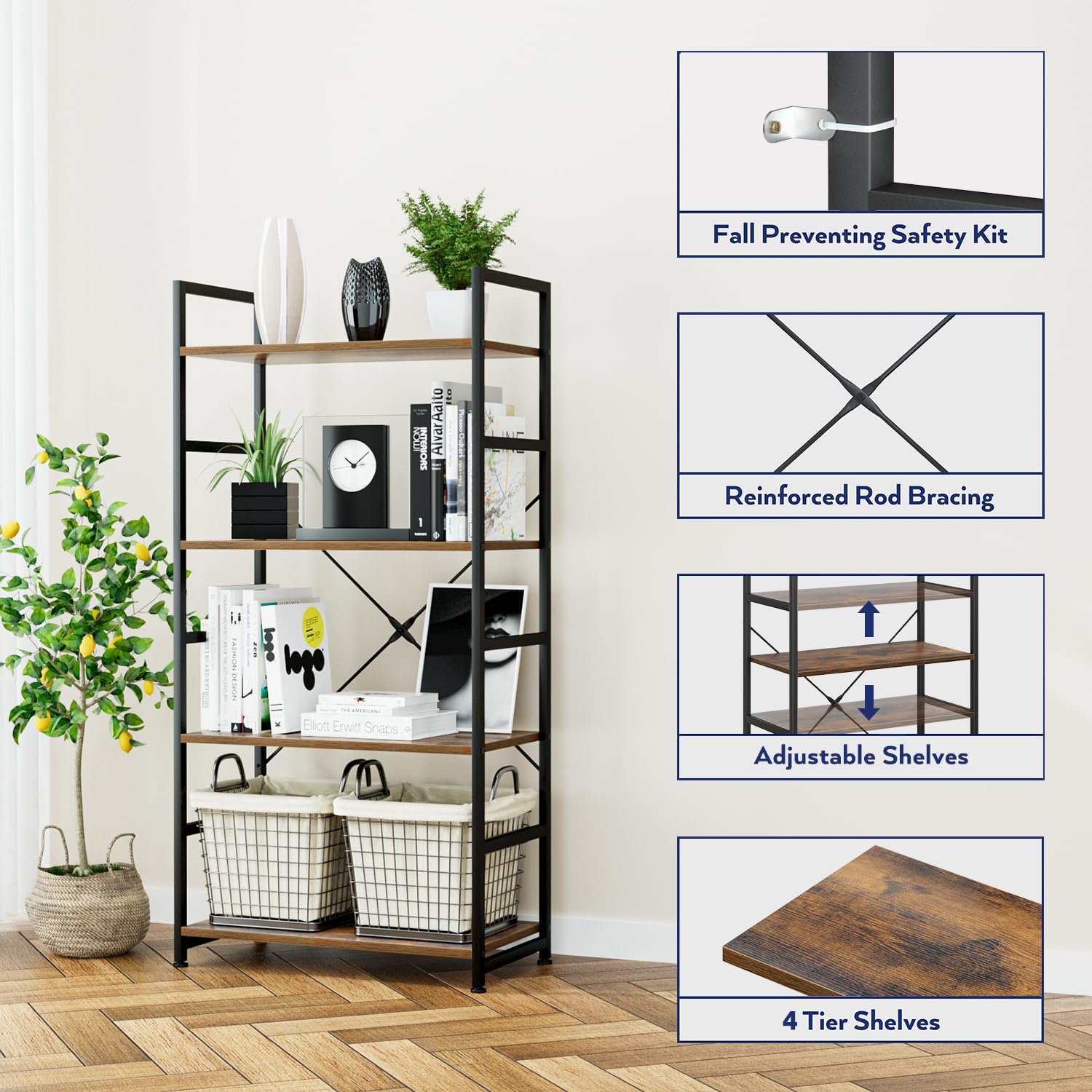 NUMENN 5 Tier Bookshelf, Tall Freestanding Open Storage Bookcase, Vintage