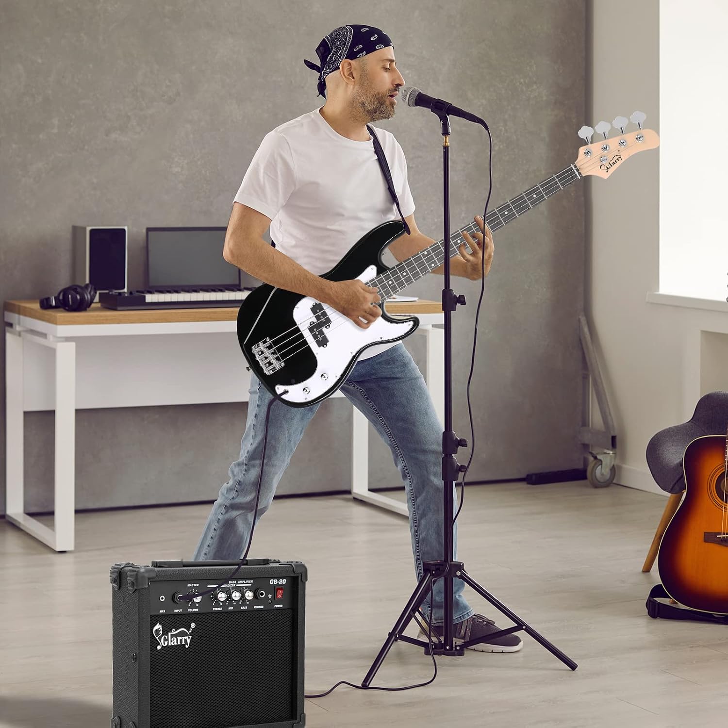 GLARRY Full Size Electric Bass Guitar Beginner Kit 4 String Exquisite Basswood Bass with 20W AMP, Cable, Strap, Bag and Accessories (Transparent Blue, 39"Right Handed)