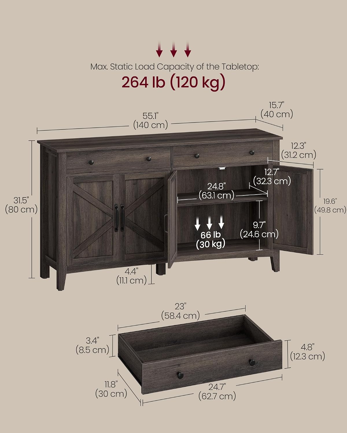 VASAGLE LIRY Collection - Storage Cabinet, Buffet Cabinet, Sideboard, Credenza, with Adjustable Shelves, for Entryway, Rustic White and Honey Brown ULSC381W01