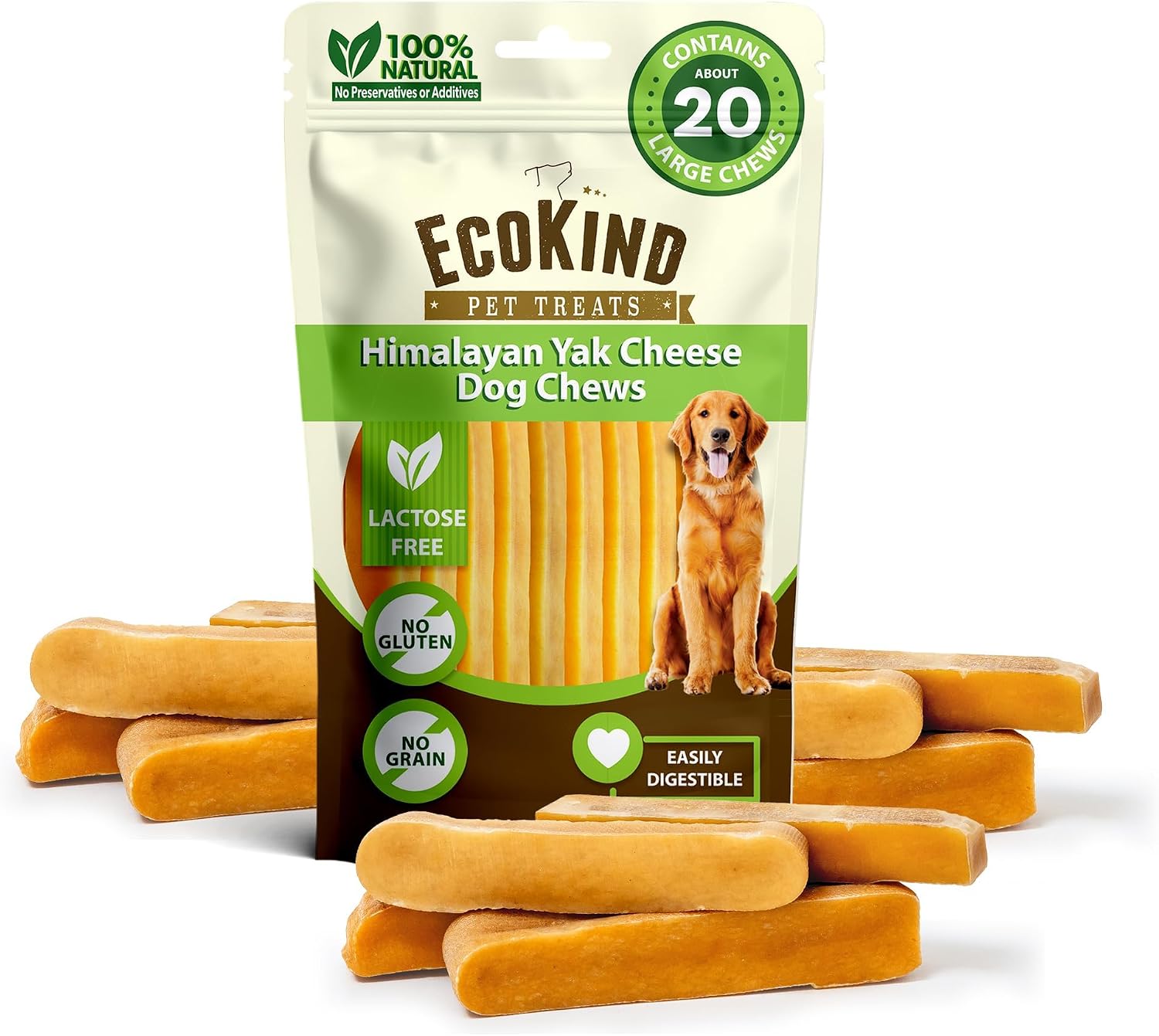 EcoKind Yak Cheese Himalayan Dog Chews, Yak Chews for Large Dogs, 4-5 Bones | 1 Lb, Long Lasting for Aggressive Chewers, Only 3 Ingredient Natural High Protein Dental Dog Treats, No Additives or Lactose