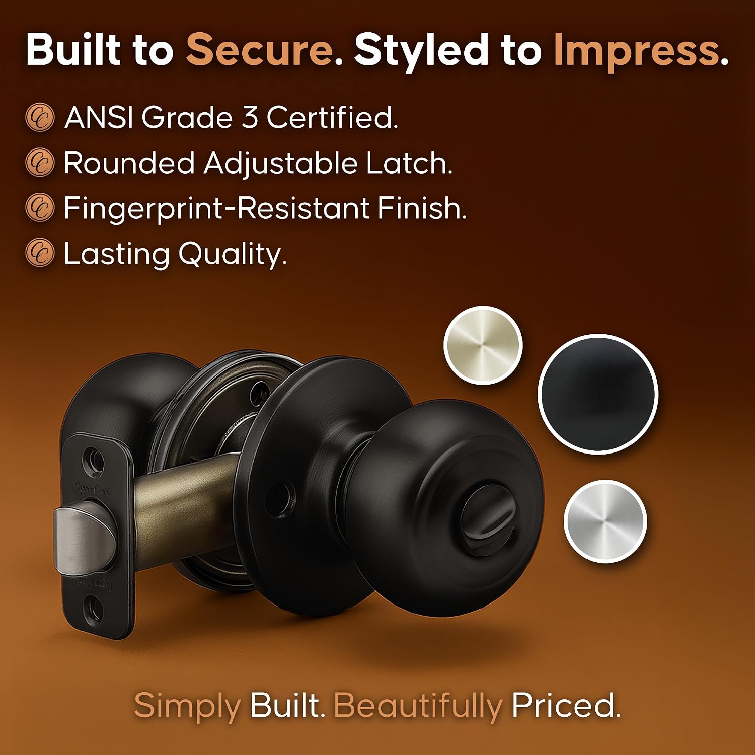 Copper Creek Colonial Privacy Interior Door Knob – ANSI Grade-3 Certified, Modern Heavy Duty Handle, Easy Install and Reversible for Bedroom, Bathroom and Closets – Satin Stainless (1 Pack)