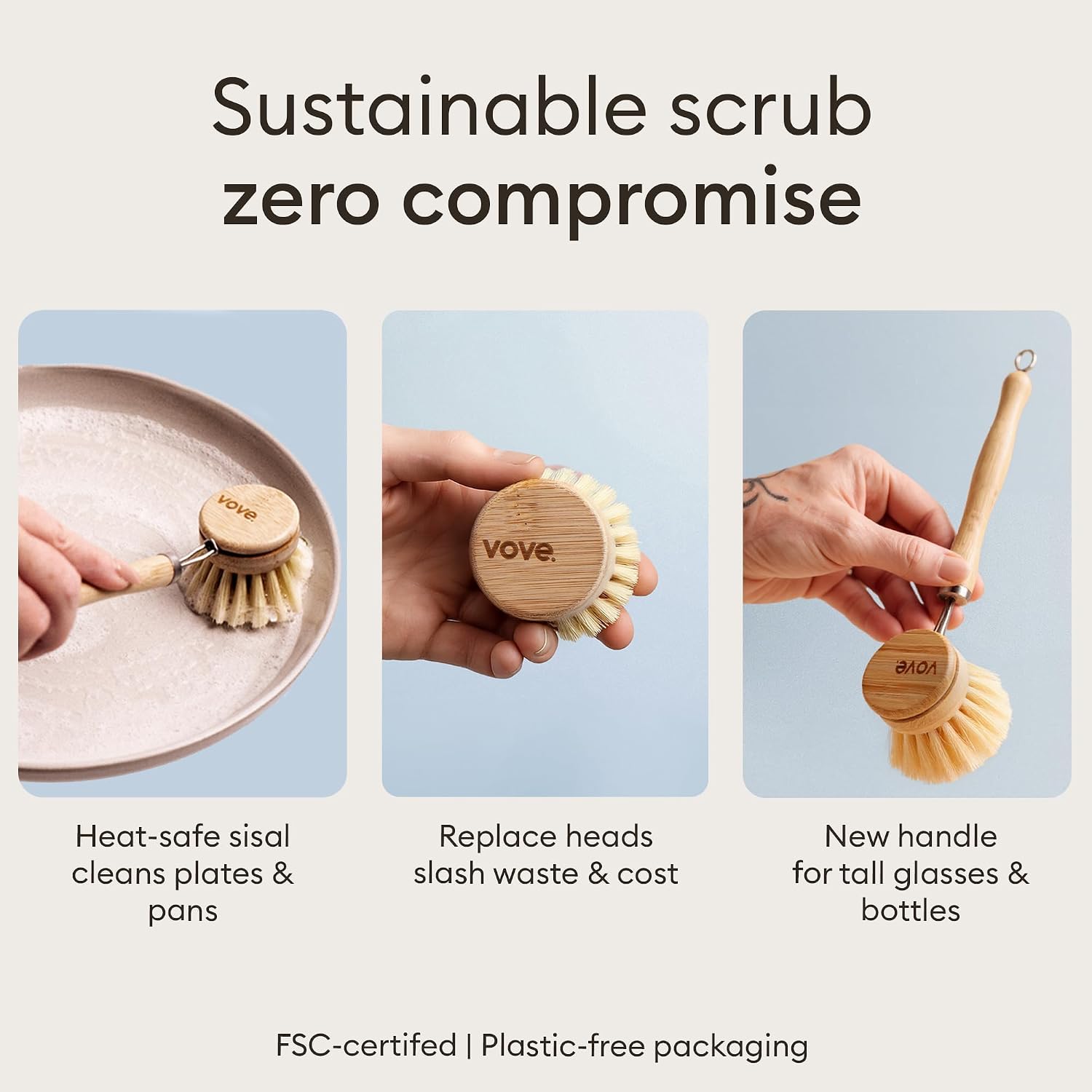 Vove Bamboo Dish Scrub Brush Set 3-Pack, 2 Hard and 1 Medium Brushes
