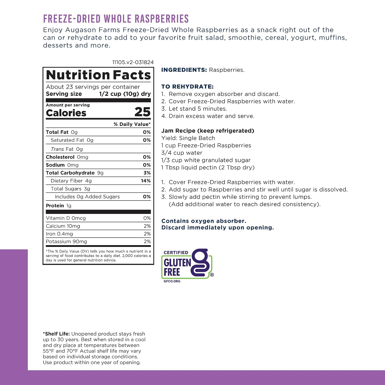 Augason Farms Freeze-Dried Whole Raspberries Can | Emergency Food Supply, 23 Servings, 30 Year Shelf Life, Great for Cooking, Baking, and Snacks