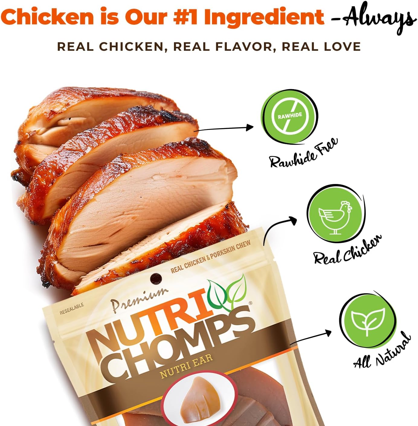 NutriChomps Rawhide-Free Dog Chews, Ear-Shaped, Chicken, 10 Count