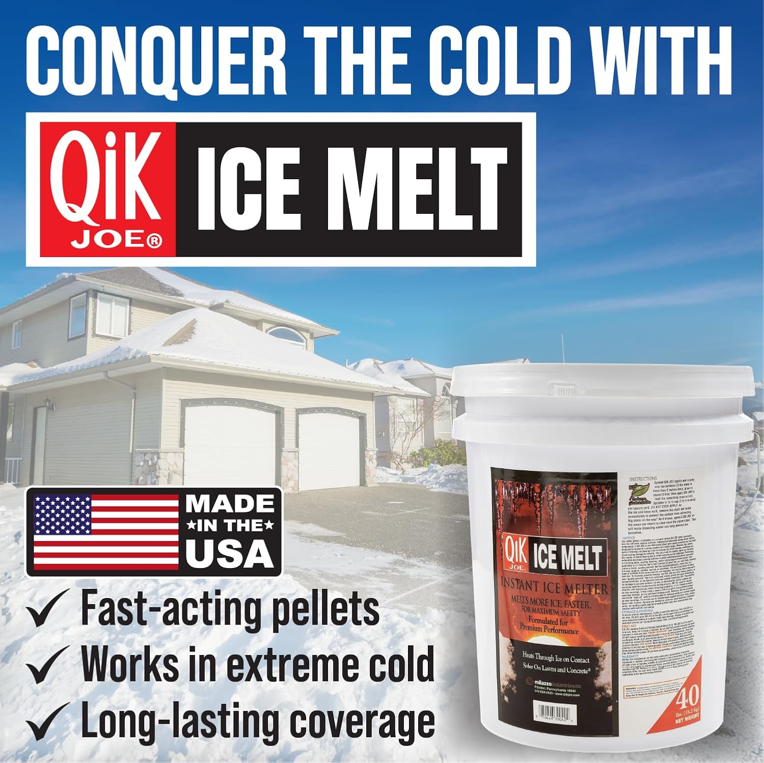 Calcium Chloride Ice Melt - 40lbs Pail - Instant Snow and Ice Melt for Sidewalks, Driveways, Steps, and Parking Lots - Deicer for Concrete, Asphalt