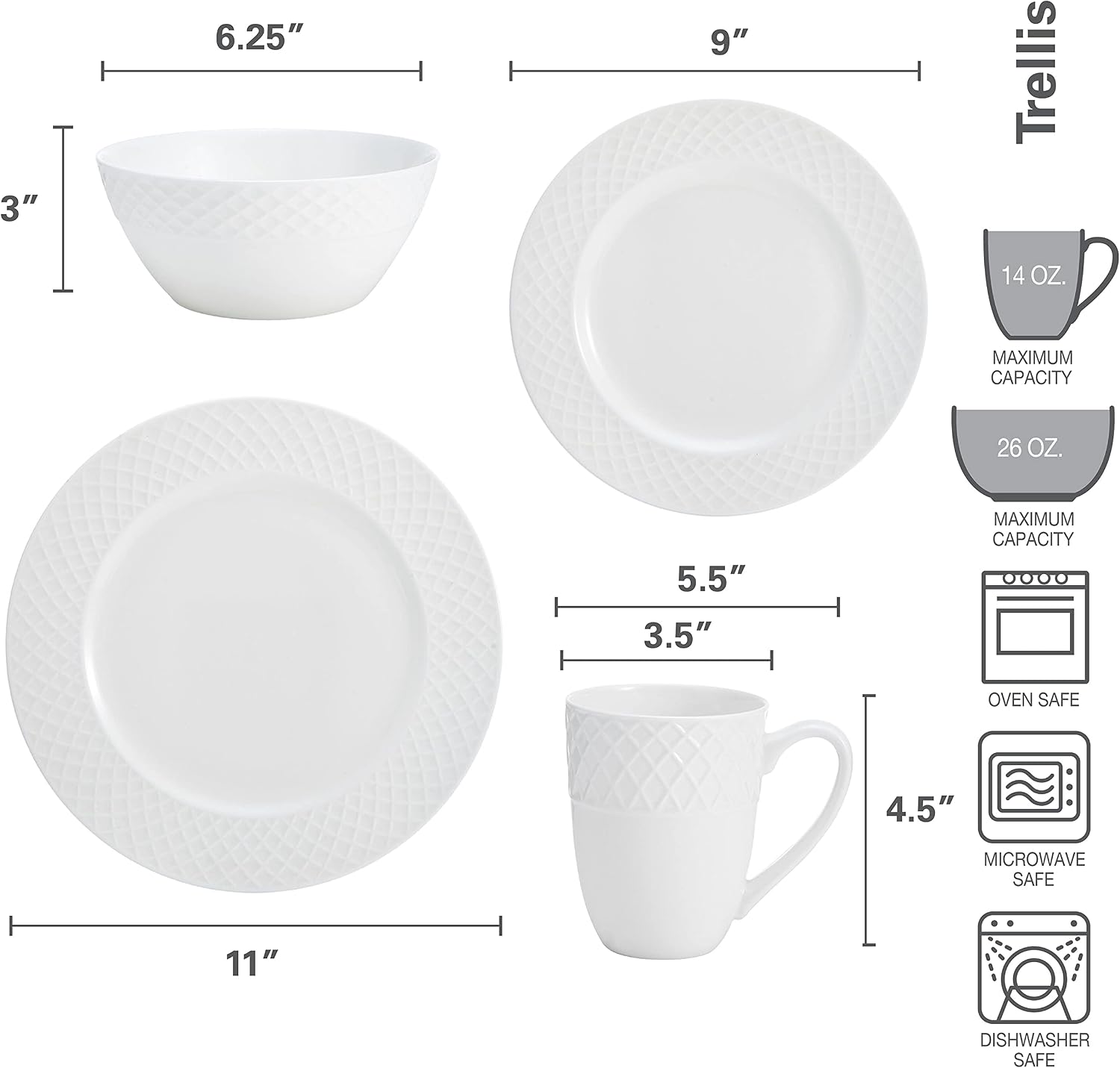 Mikasa Trellis 16-Piece Bone China Dinnerware Set, White, Includes Dinner Plates, Salad Plates, Cereal Bowls and Mugs, Dishwasher Safe