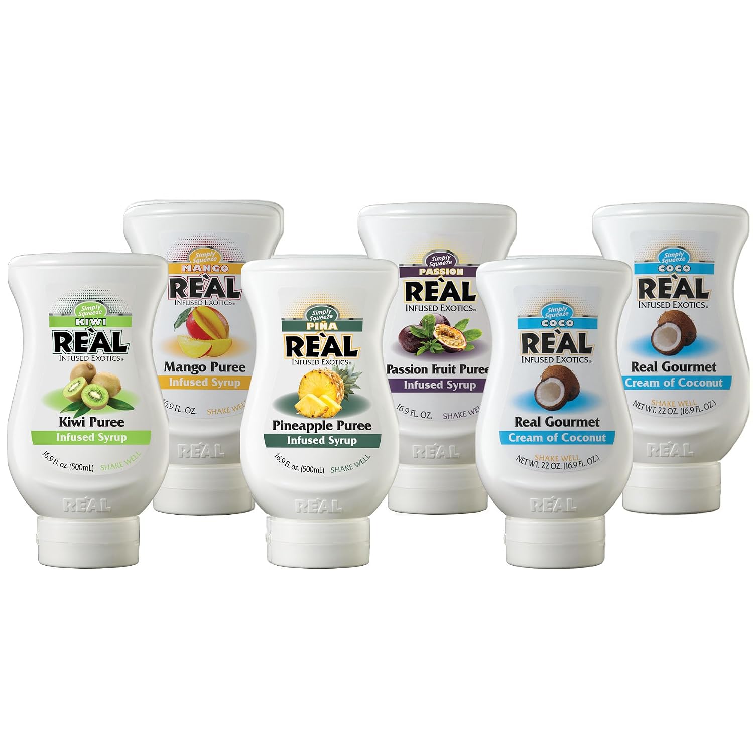 Reàl Infused Exotics Tropical Fruit Syrup Variety, 16.9 Fl Oz, 6 Pack | Coconut, Mango, Passion Fruit, Pineapple, Kiwi | Drink & Recipe Use