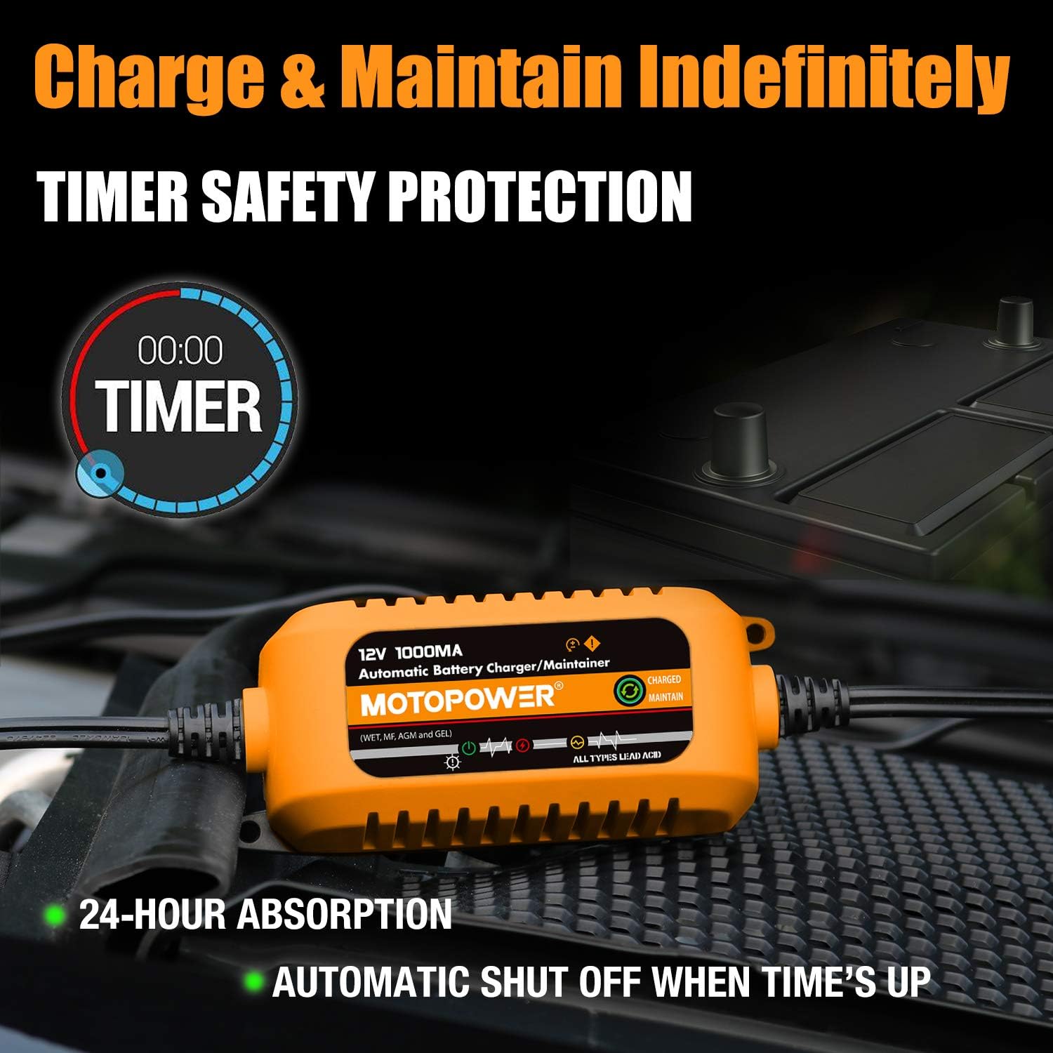 MOTOPOWER MP00205B 12V 1000mA Automatic Battery Charger, Battery Maintainer, Trickle Charger, and Battery Desulfator with Timer Protection - Grey
