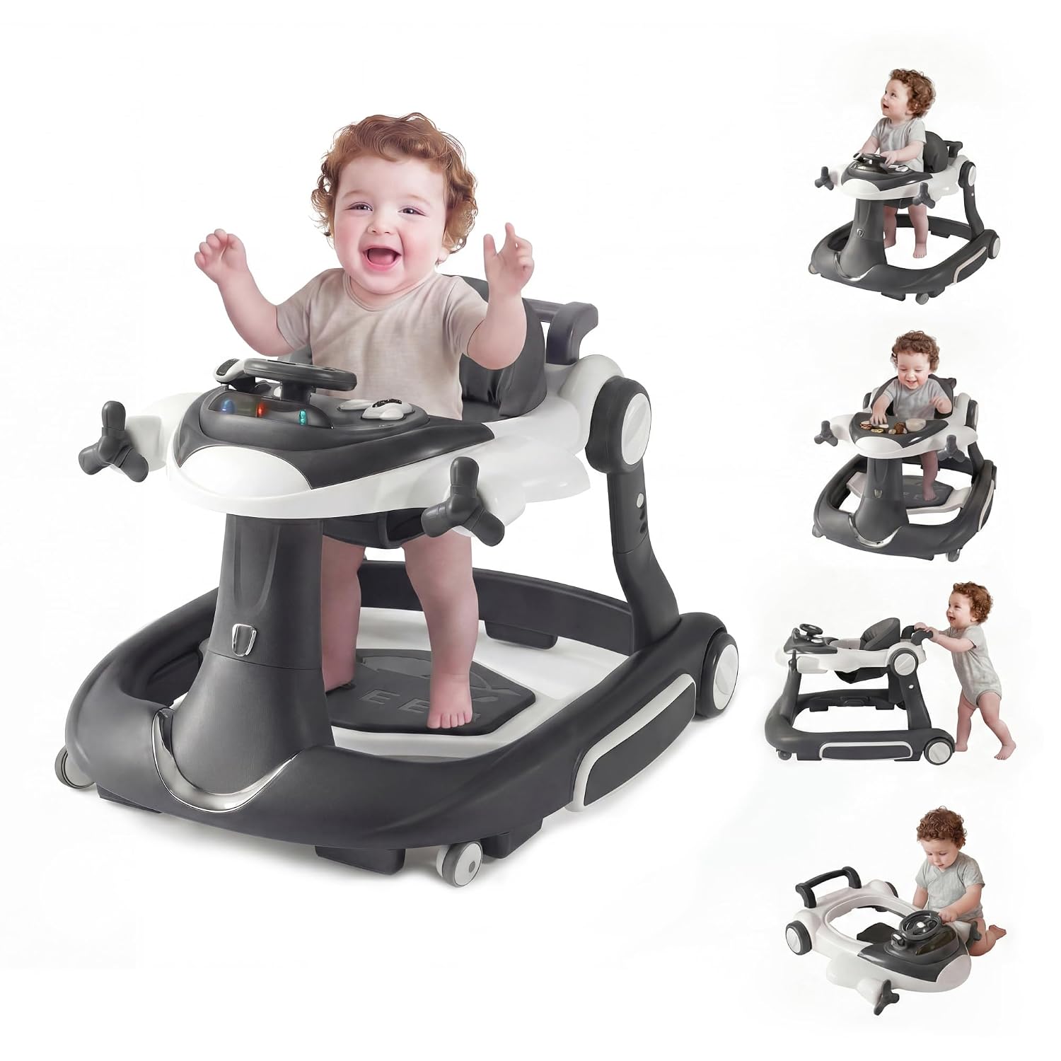 7 in 1 Foldable Baby Walker, Rock/Push Mode/Activity Center, Green | Adjustable Height & Speed, Music, Lights, Footrest, Detachable Play Toy Panel, Walker with Wheels for Infants 7-18 Months