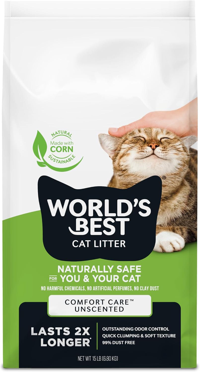 World's Best Cat Litter, Comfort Care, Unscented, Odor Control, 8 lb Bag | Gentle odor control for sensitive cats and lasts 2x longer; natural corn litter, quick clumping, flushable, 99% dust free