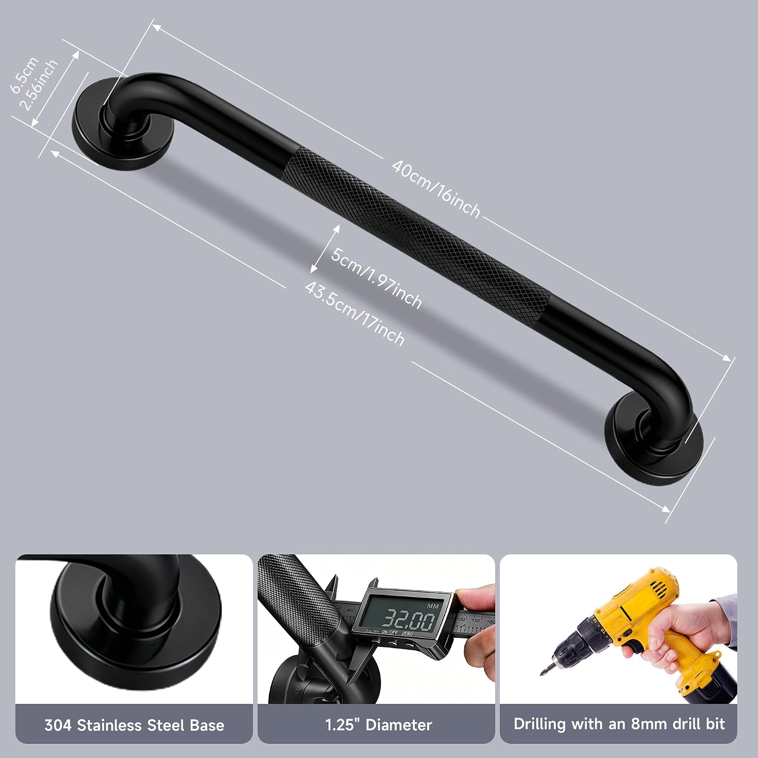 12 Inch Shower Grab Bar 1.25" Dia,Brushed Nickel Anti Slip Bathroom Grab Bar, 304 Stainless Steel Knurled Handicap Grab Bars, Safety Support Handrail,Bath Shower Handle for Elderly Injury Senior