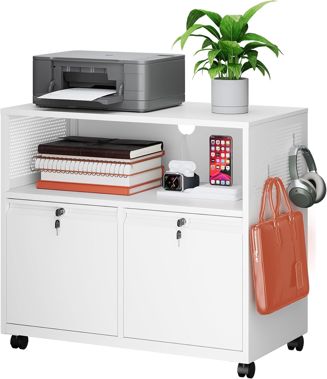 MIIIKO 3 Drawer File Cabinet with Lock, Metal Lateral Rolling Printer Stand Filing Cabinets for Home Office Storage,A4, Letter,File Folders(White)