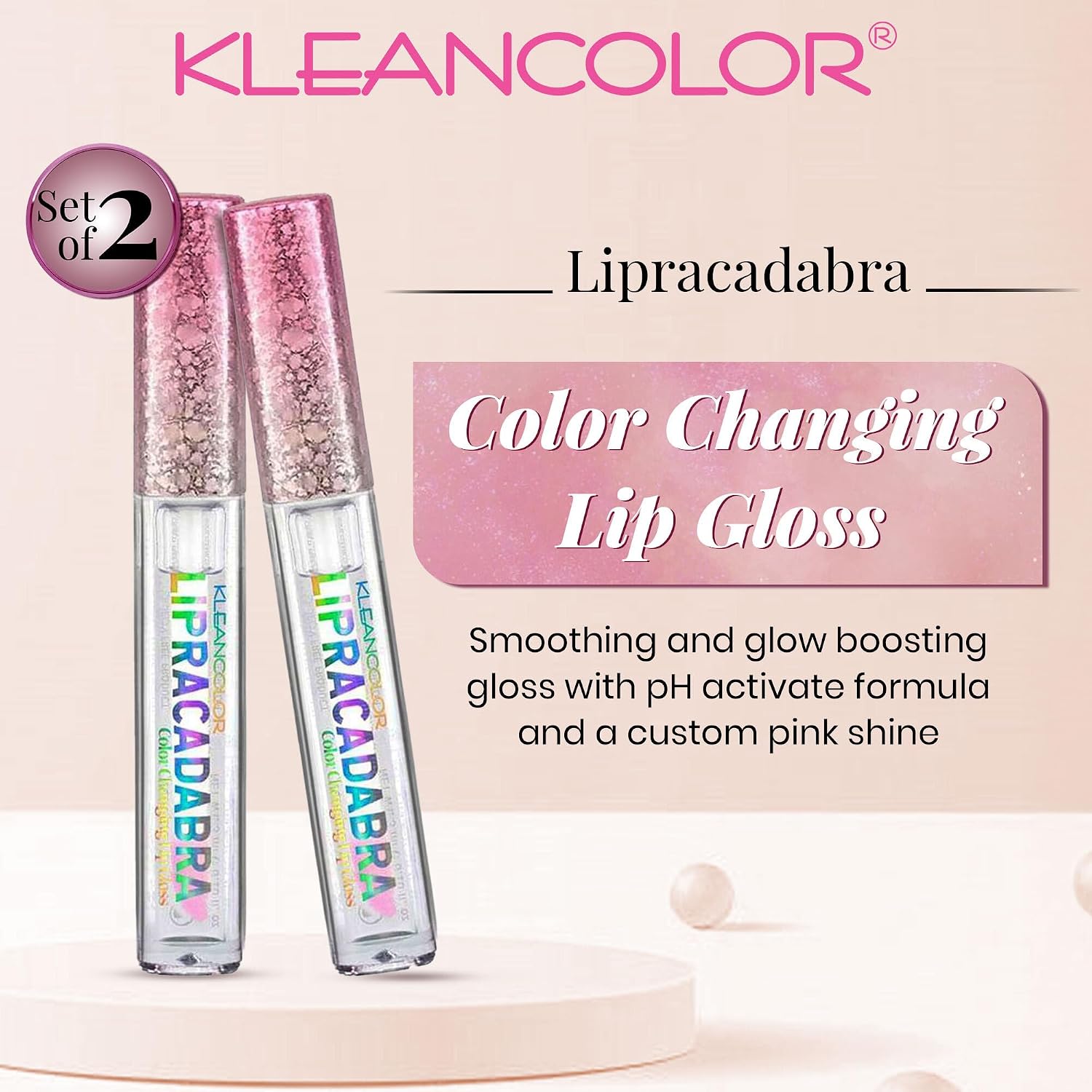 Kleancolor Lipracadabra Color Changing Lip Gloss 2 Pack – pH Activated Clear Gloss Reveals a Custom Pink Tint – Lightweight