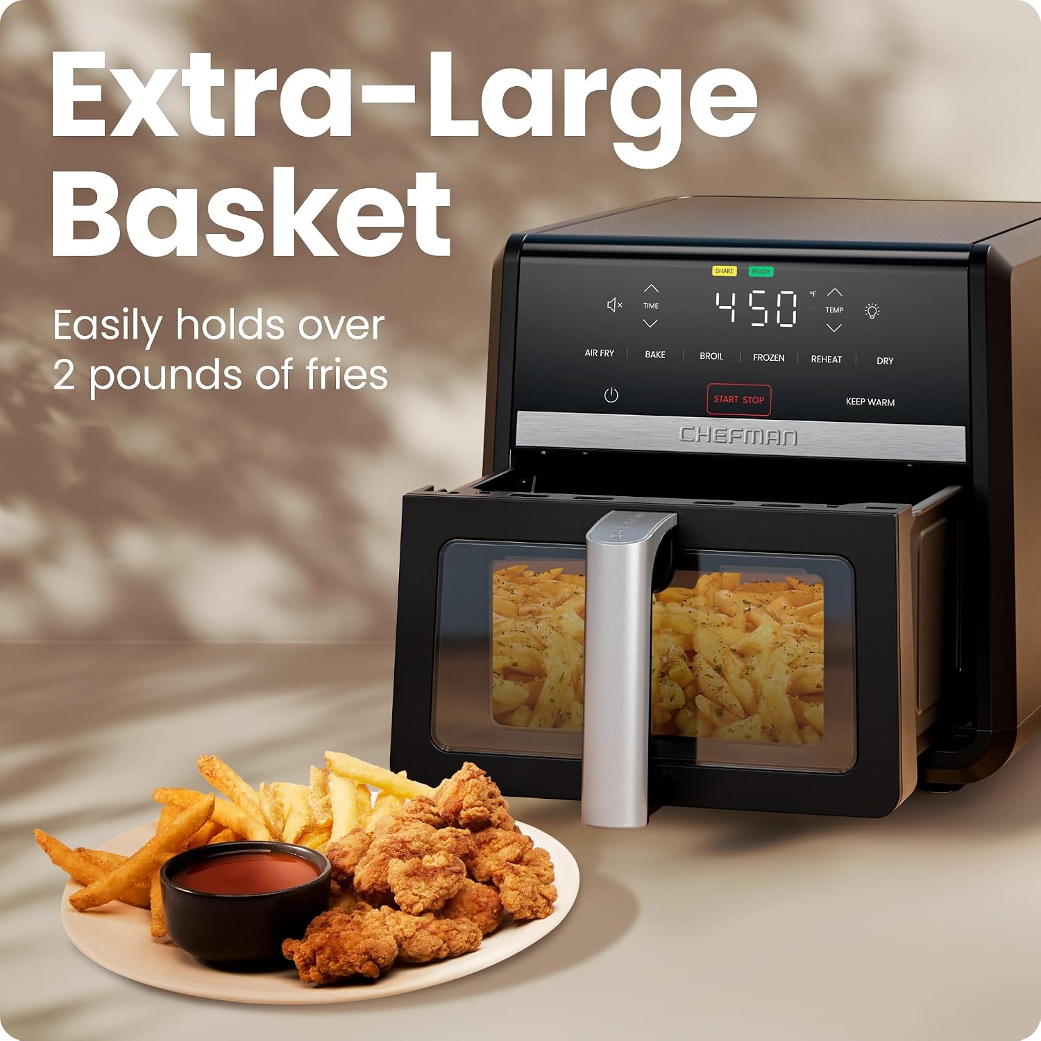 Chefman Air Fryer 8 Qt | TurboFry® 4-in-1 with 450°F Hi-Fry Option for Crispier Results | Bake, Dehydrate