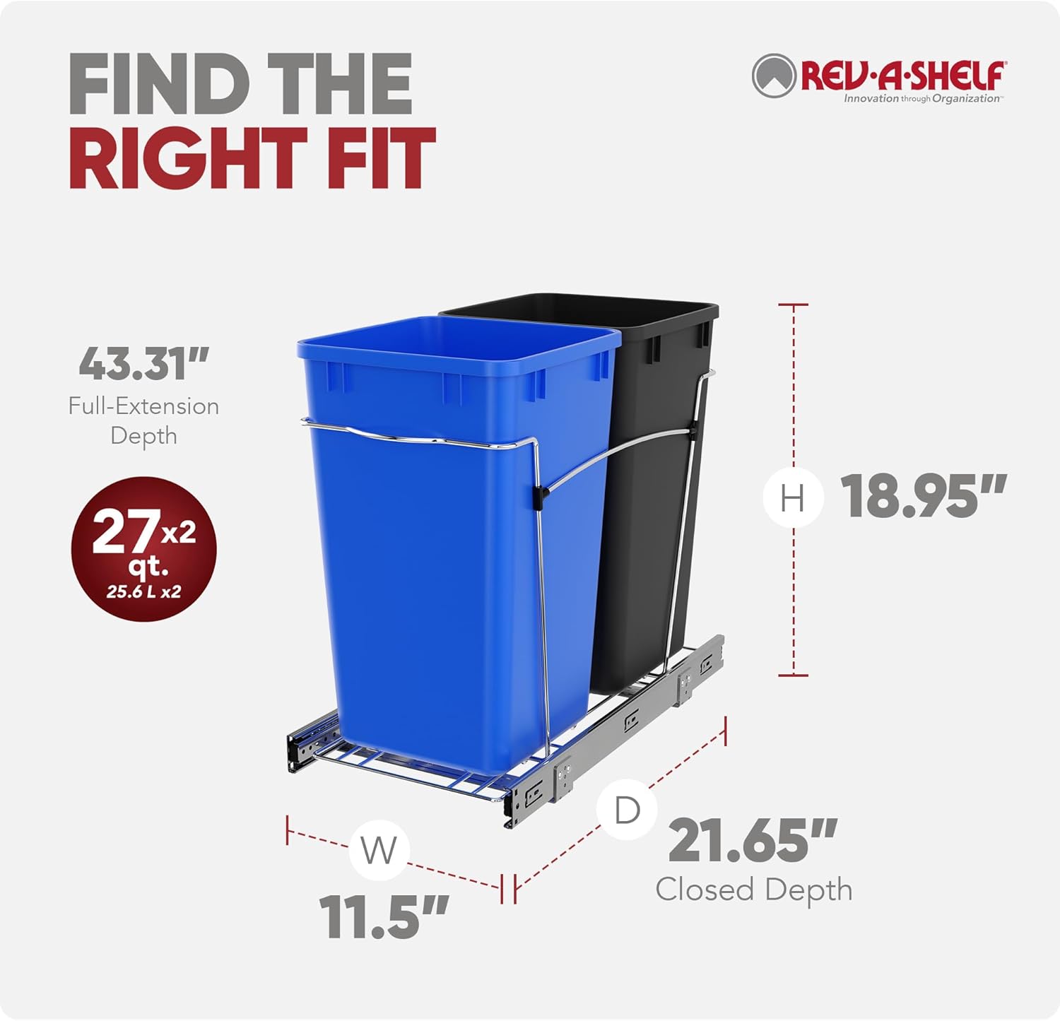 Rev-A-Shelf Double 27 Qt Pullout Trash Can for Base Kitchen Cabinets, Garbage Waste Bin System with Full Extension Slides, Min Opening Width of 11.5", Metallic Silver, RV-15KD-17C S